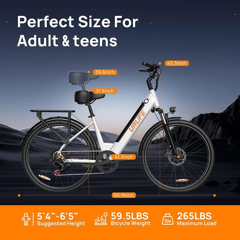 URLIFE 26" Electric Bike for Adults, 750W Peak Motor Ebike, 48V 10.4Ah, 60-Mile Max Range & Commuter E-Bike, Front Suspension & 7-Speed Ebikes (White)