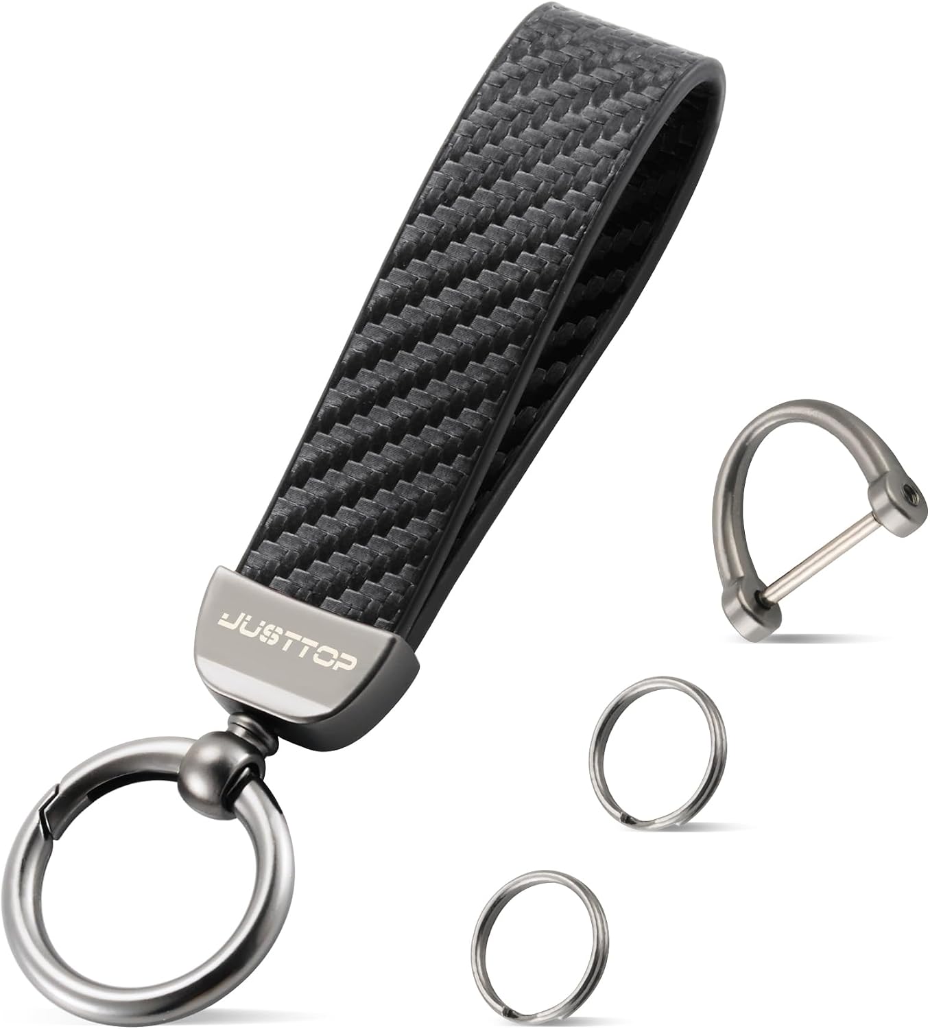 Leather Keychain, Carbon Fiber Car & Bike Key Chain with Anti-Lost D-Ring and 2 Key Ring