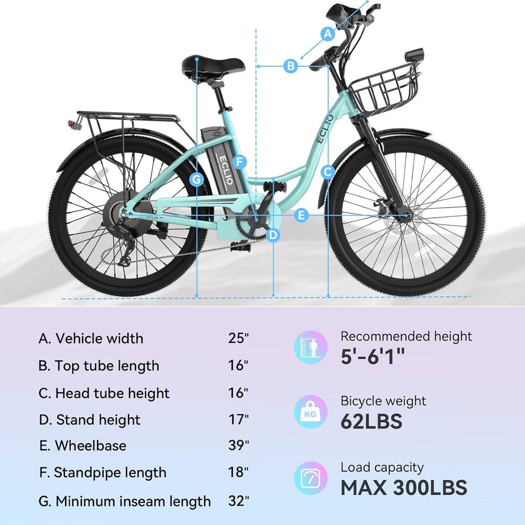 24'' Electric Bike for Adults, Peak 1000W Motor, 48V 13Ah Removable Battery 65Miles, Step Through City Cruiser Ebike, Commuter E-Bike with 7-Speed and Front Basket