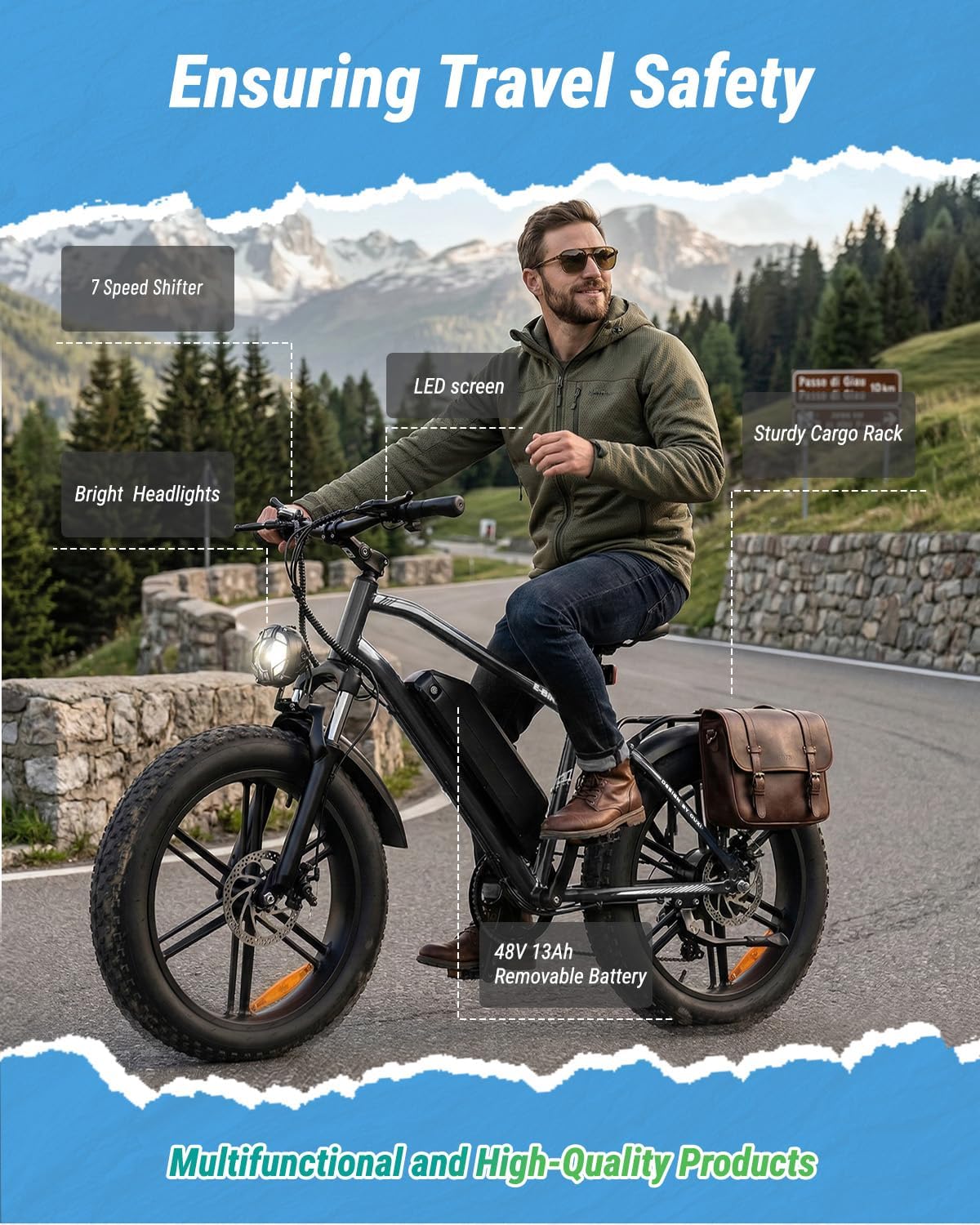 OUXI Electric Bike for Adults, 1000W Peak Electric Mountain Bicycle 48V13Ah