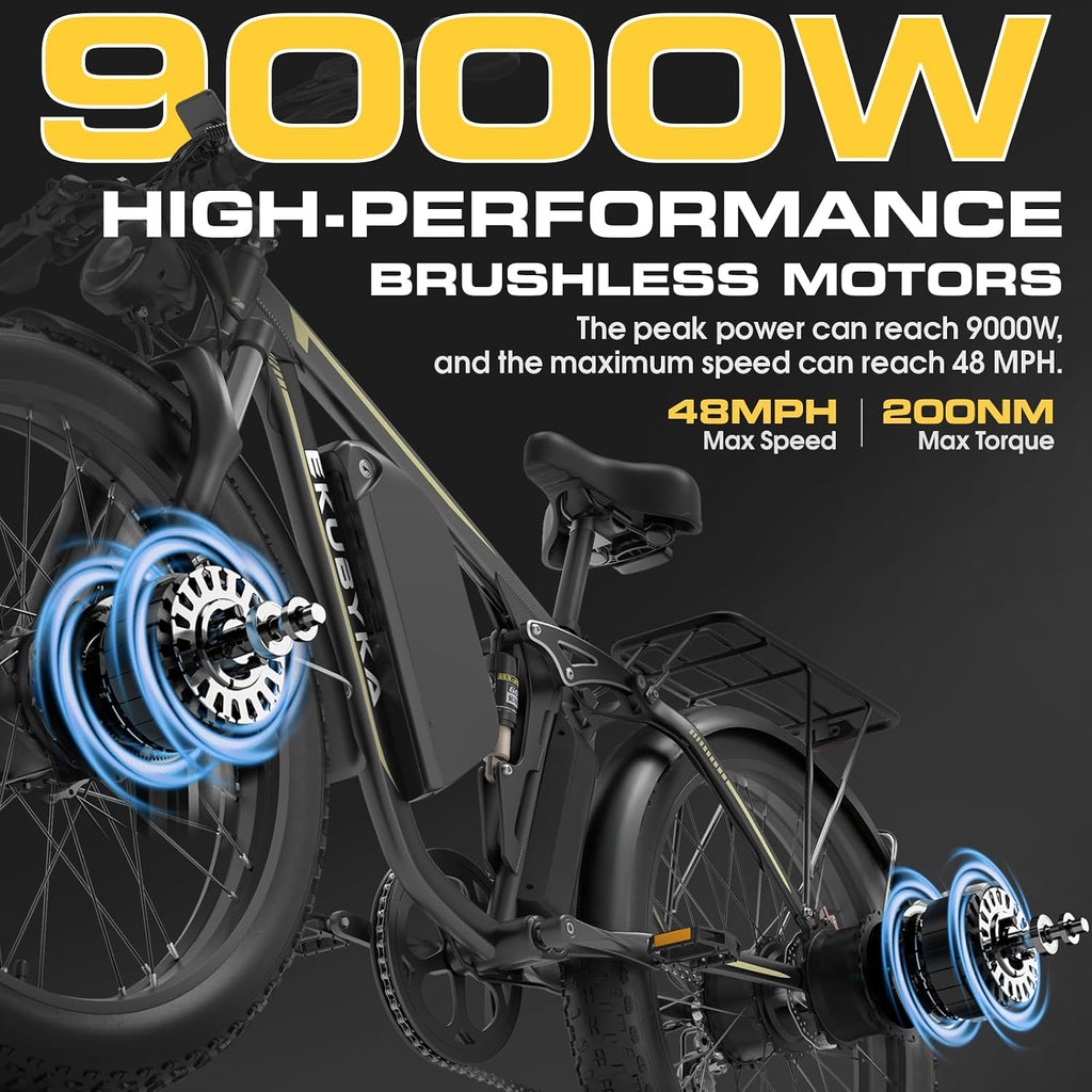 9000W Dual Motor Electric Bike for Adults, 48MPH Fast Full Suspension Ebike, 52V 36Ah Removable Battery for 120 Miles Range, 26 Inch Fat Tire Dual Shock All-Terrain E-Bike, 400lbs Capacity