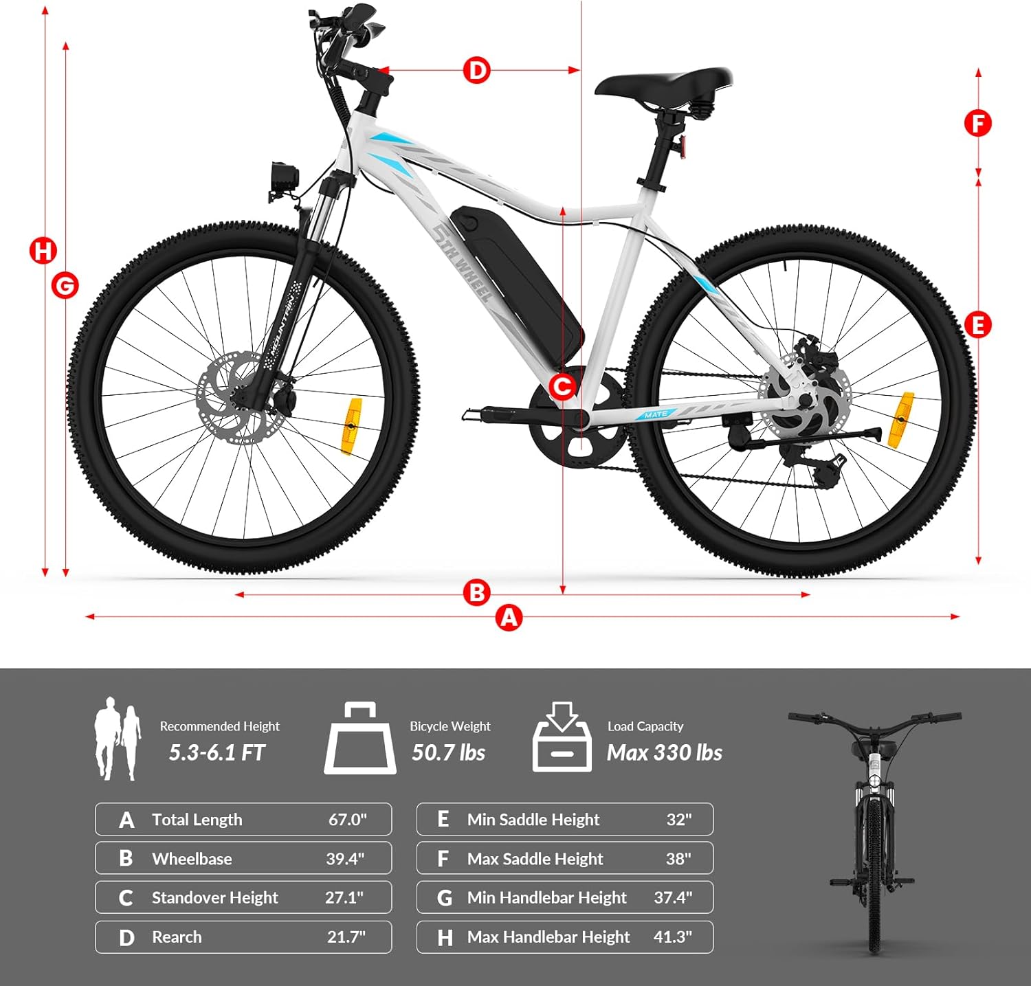 5TH WHEEL Mate Electric Bike for Adults - 1000W Peak Motor, 37KM/H, 468WH Removable Battery, 7-Speed, Mountain Ebike with Front Suspension & LCD Display for Commuting