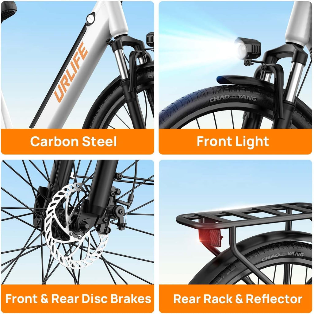 URLIFE 26" Electric Bike for Adults, 750W Peak Motor Ebike, 48V 10.4Ah, 60-Mile Max Range & Commuter E-Bike, Front Suspension & 7-Speed Ebikes (White)