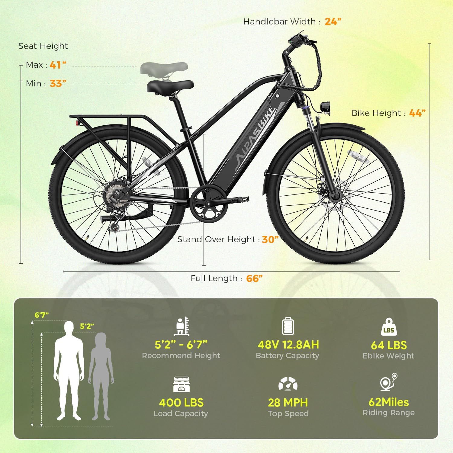 Aipas C2 Electric Bike for Adults 1100W Peak, 28Mph & 62 Miles Long Range Commuter Ebike for Men Women with 48V 12.8Ah Battery, 26" Adjustable Suspension All-Terrain Electric Bicycle