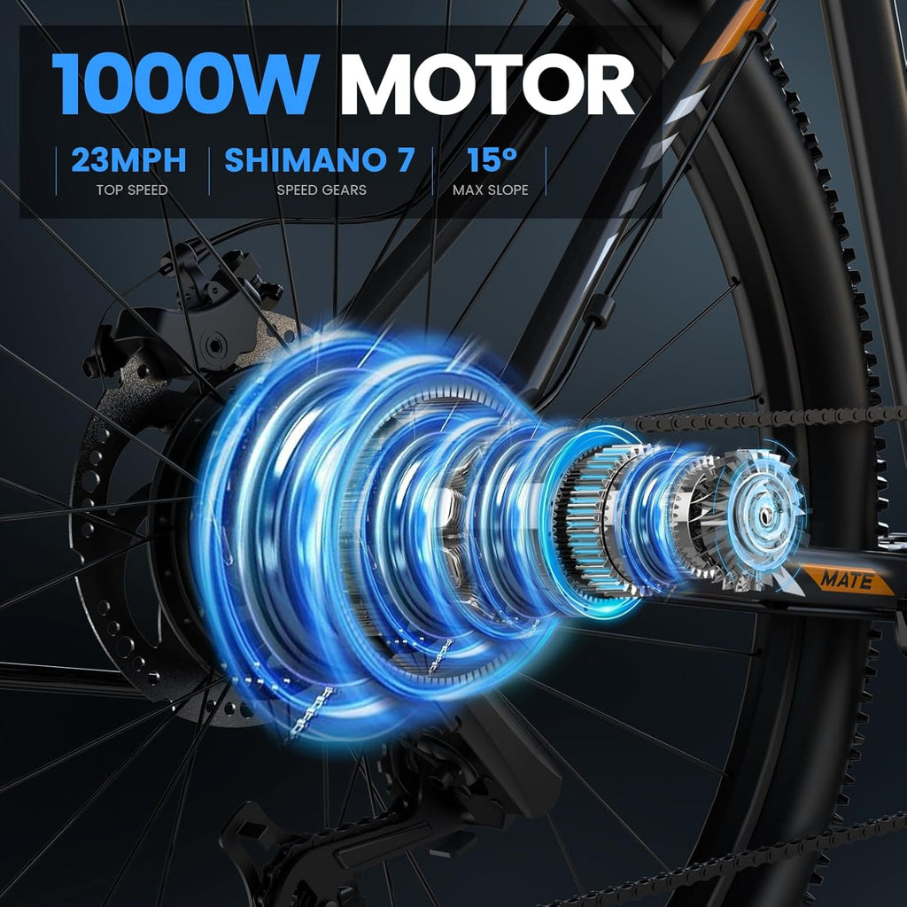 5TH WHEEL Mate Electric Bike for Adults - 1000W Peak Motor, 37KM/H, 468WH Removable Battery, 7-Speed, Mountain Ebike with Front Suspension & LCD Display for Commuting