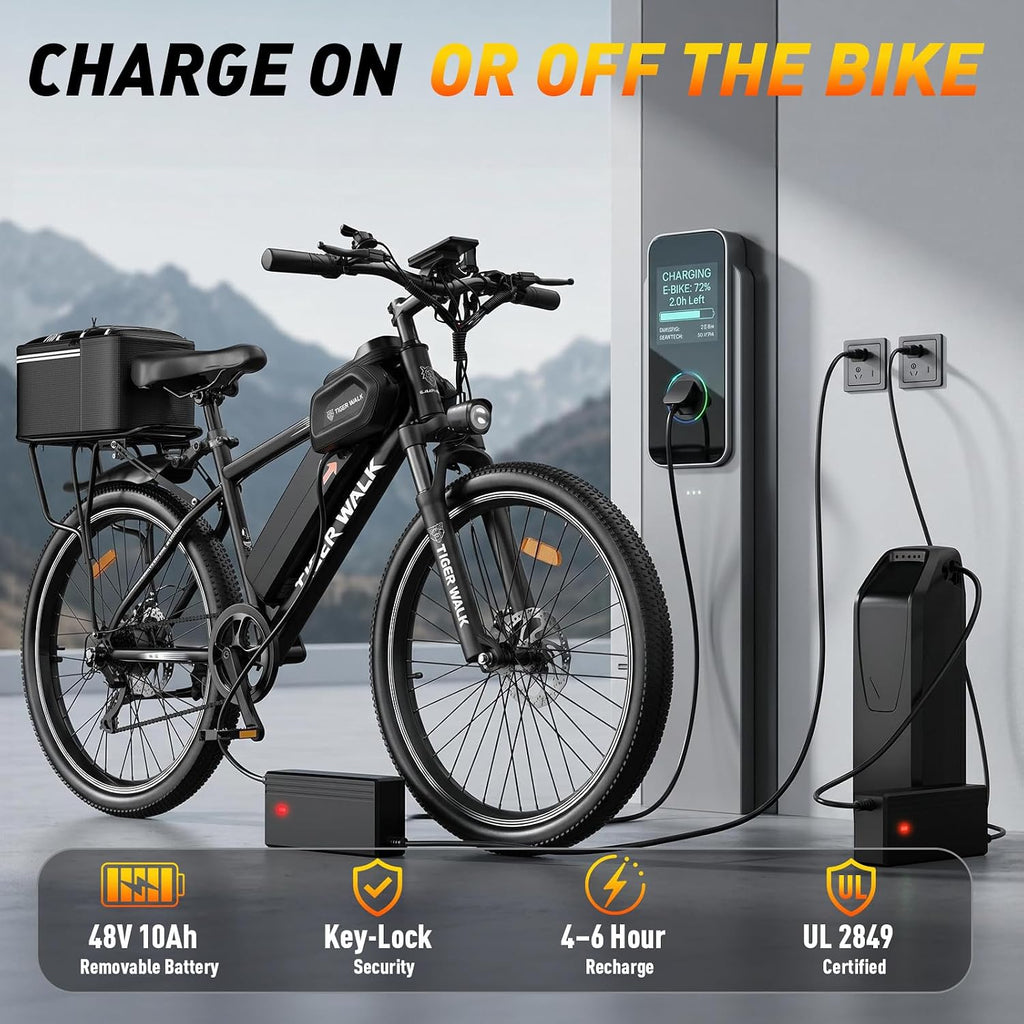 Electric Bike for Adults, 26" Mountain Ebike, 1000W Peak Motor, 48V 10Ah Removable Battery, 45-Mile PAS Range, 24.7 MPH, 7-Speed, 70mm Lockout Suspension Fork, Detachable Rear Rack
