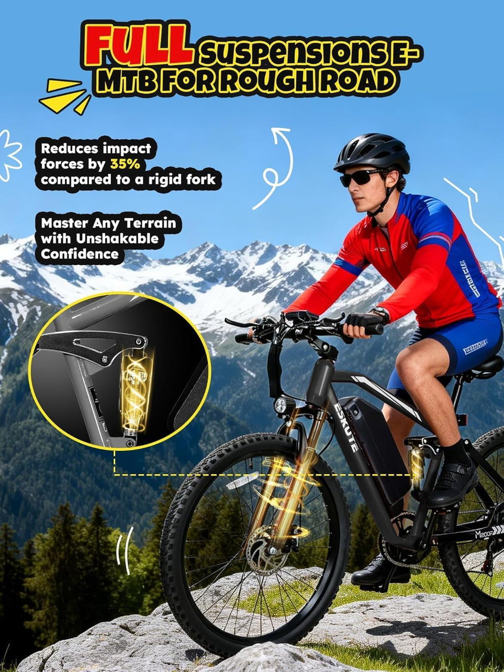 ESKUTE M200F Electric Bike for Adults – 27.5 inch Tire Mountain E-Bike, 1500W Peak Brushless Motor 31+MPH, 48V 20.8Ah Removable Battery, Up to 80 Miles, Step Over Commuter E-MTB, Full Suspensions