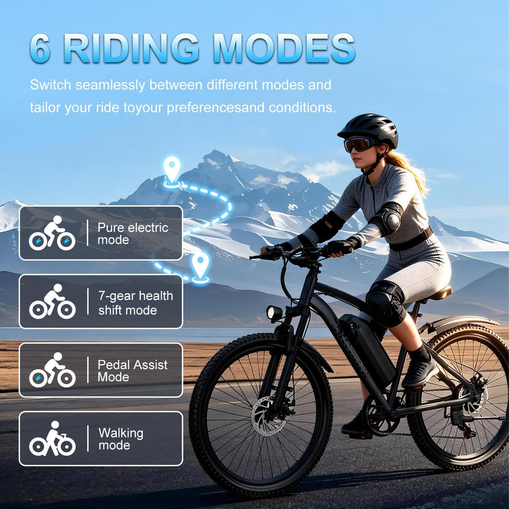 26-inch Adult Electric Bicycle, with a Load Capacity of 330 pounds, 48V Detachable Battery, 7-Speed Gear Shifting, a top Speed of 25 Miles per Hour, a 750-watt Peak Motor