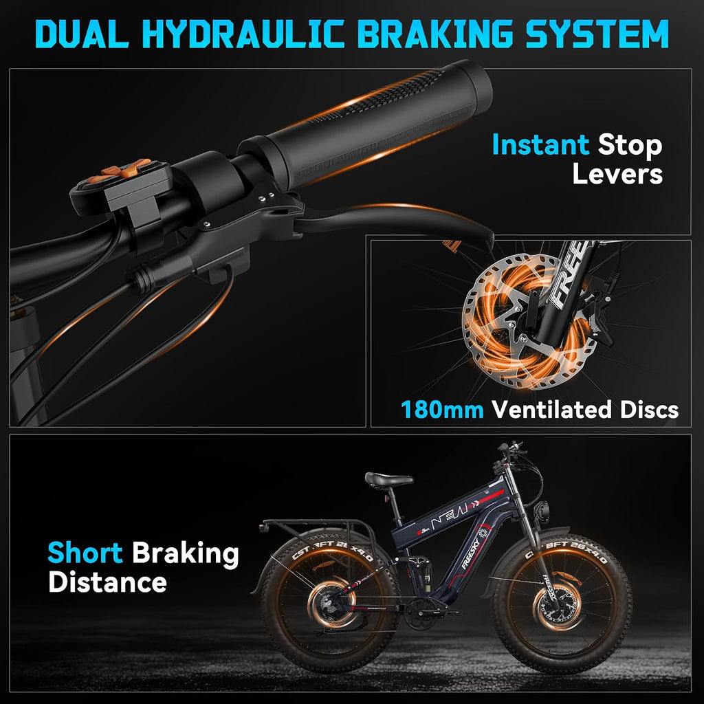 FREESKY Dual Battery Electric Bike for Adults, 48V 45AH 200 Miles Long Range E Bike, 4000W Motor 40MPH+, 26" Fat Tire Fast Mountain EBike, Full Suspension & Hydraulic Brakes, UL 2849 Certified by TÜV
