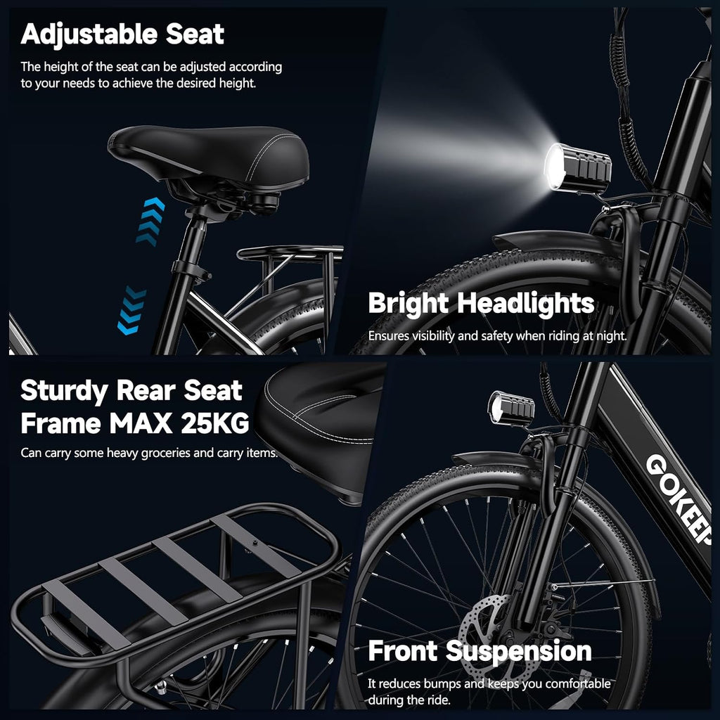 Electric Bike for Adults,1000/1300W Peak Power,48V 10.4/15.6Ah Removable Battery,28MPH,75-86Miles PAS Range,26" Tire Electric Bicycles,7-Speed,Adjustable Stem and Front Fork Suspension