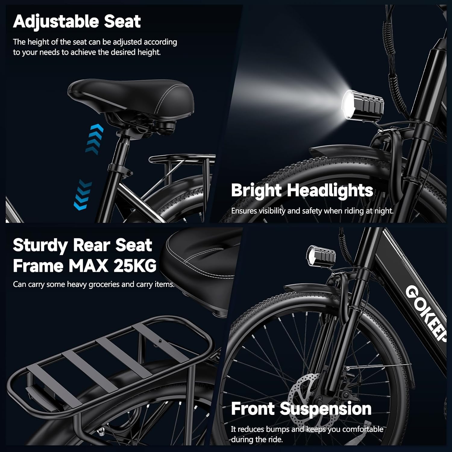 Electric Bike for Adults,1000/1300W Peak Power,48V 10.4/15.6Ah Removable Battery,28MPH,75-86Miles PAS Range,26" Tire Electric Bicycles,7-Speed,Adjustable Stem and Front Fork Suspension