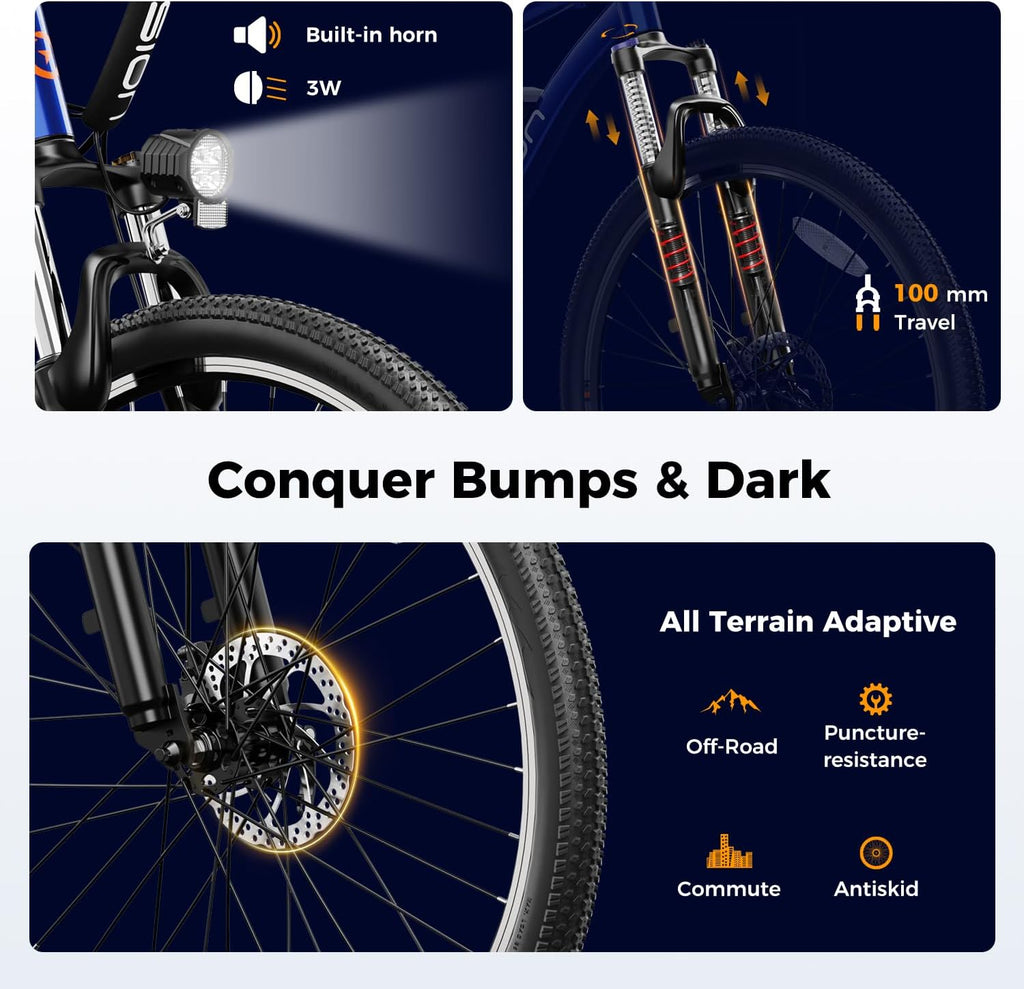 Jasion EB5 Electric Bike for Adults with Peak 1000W Brushless Motor | 40Miles 20MPH Commuting Electric Mountain Bike with 360Wh Removable Battery, 7-Speed, 26" Tires and Front Fork Suspension