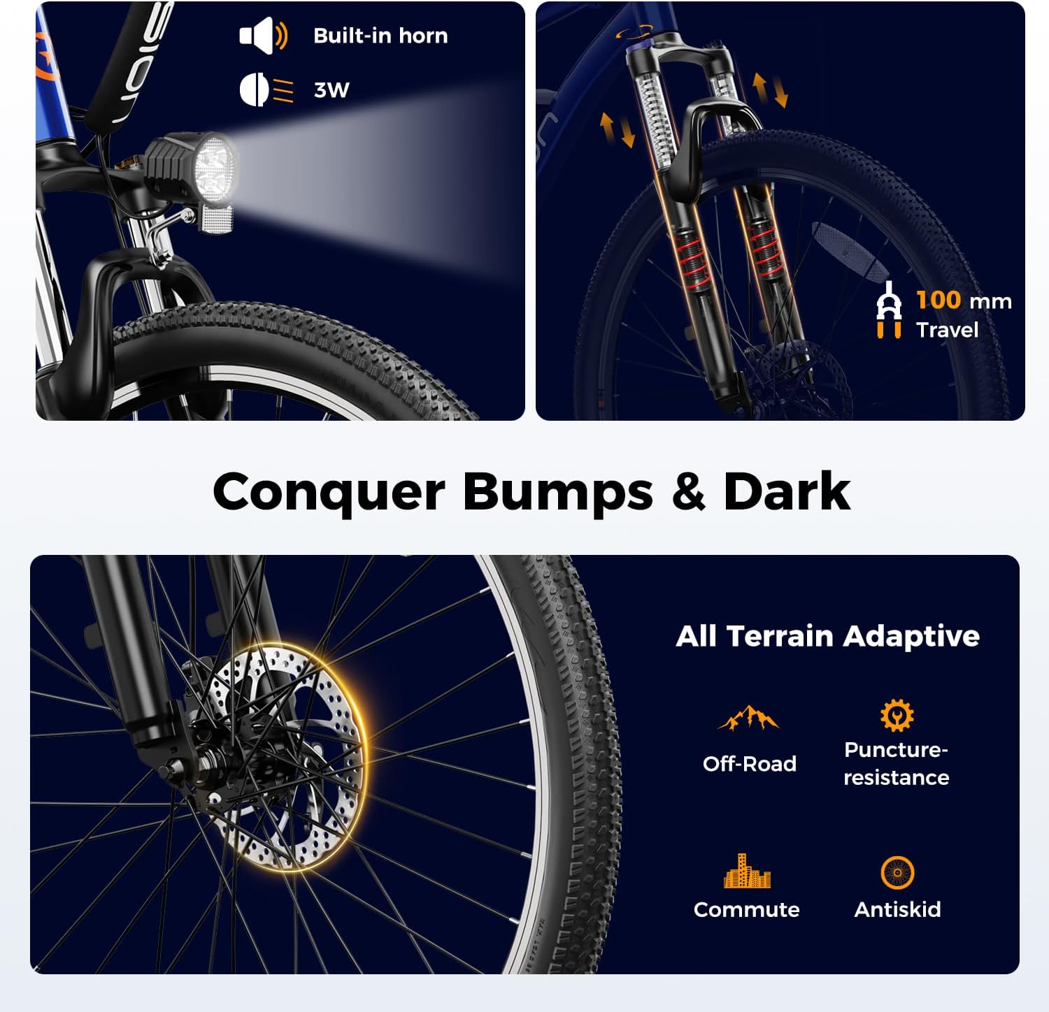 Jasion EB5 Electric Bike for Adults with Peak 1000W Brushless Motor | 40Miles 20MPH Commuting Electric Mountain Bike with 360Wh Removable Battery, 7-Speed, 26" Tires and Front Fork Suspension