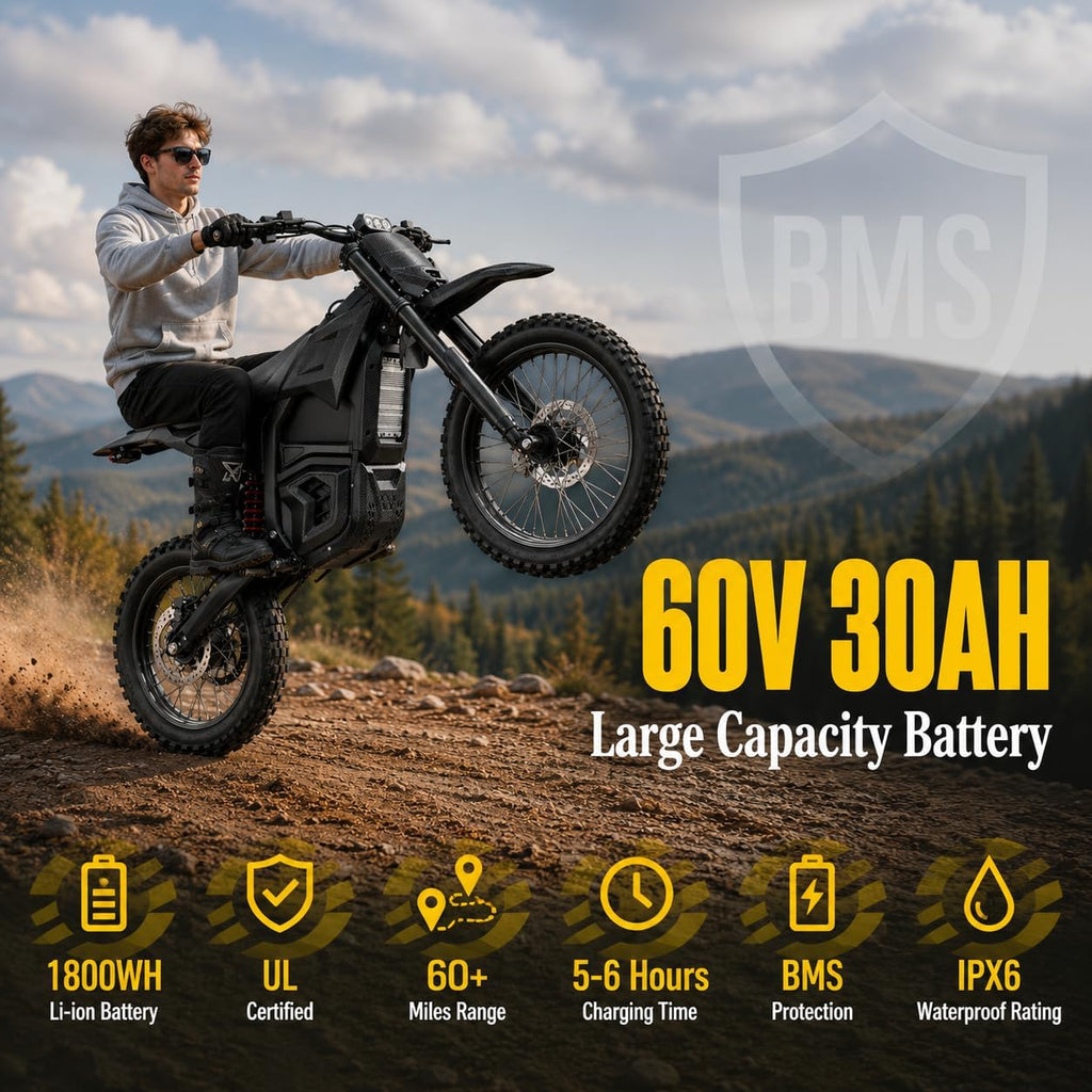 Q1 Electric Dirt Bike for Adults & Teens, 6000W Peak Mid-Drive Motor, 60 MPH Electric Motorcycle, 60V 30Ah Removable Battery, 60-Mile Range, Hydraulic Brakes & Full Suspension