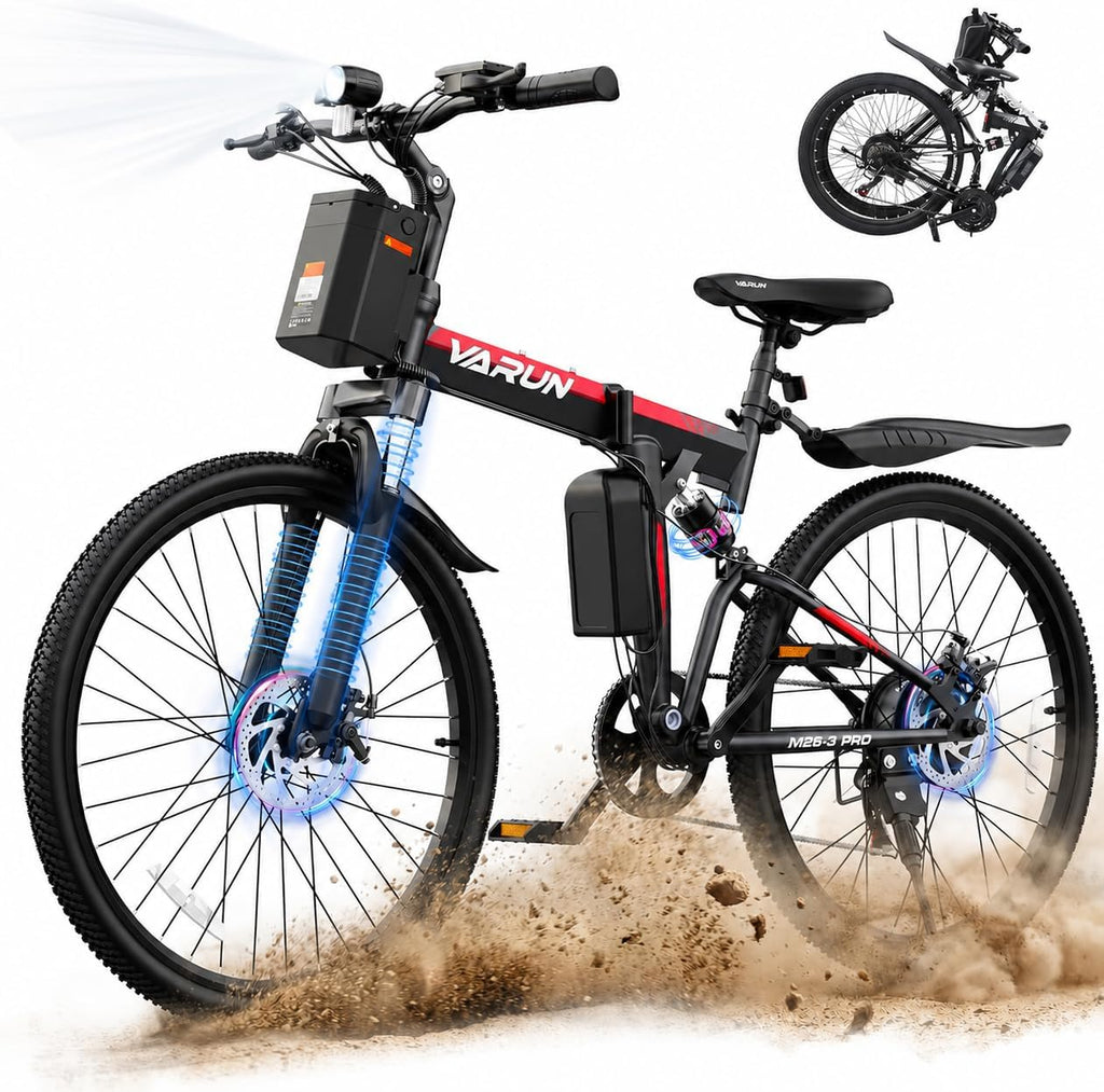 VARUN Electric Bike - 26'' Folding Ebike Peak 750W Motor 20MPH Up to 50 Miles,48V Removable Battery, All Terrain E-Bikes with Dual Disc Brakes & Full Suspension,UL2849 Certified by SGS