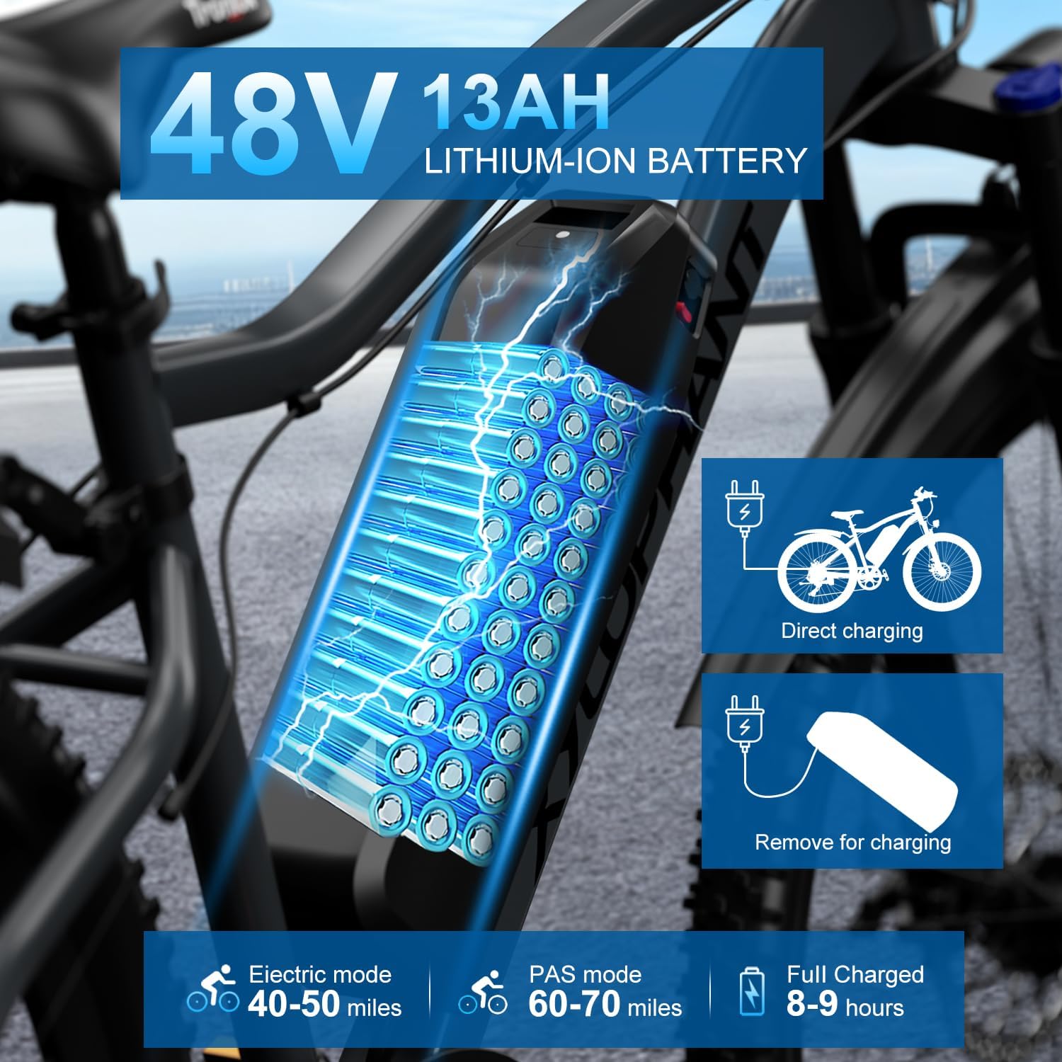 26-inch Adult Electric Bicycle, with a Load Capacity of 330 pounds, 48V Detachable Battery, 7-Speed Gear Shifting, a top Speed of 25 Miles per Hour, a 750-watt Peak Motor