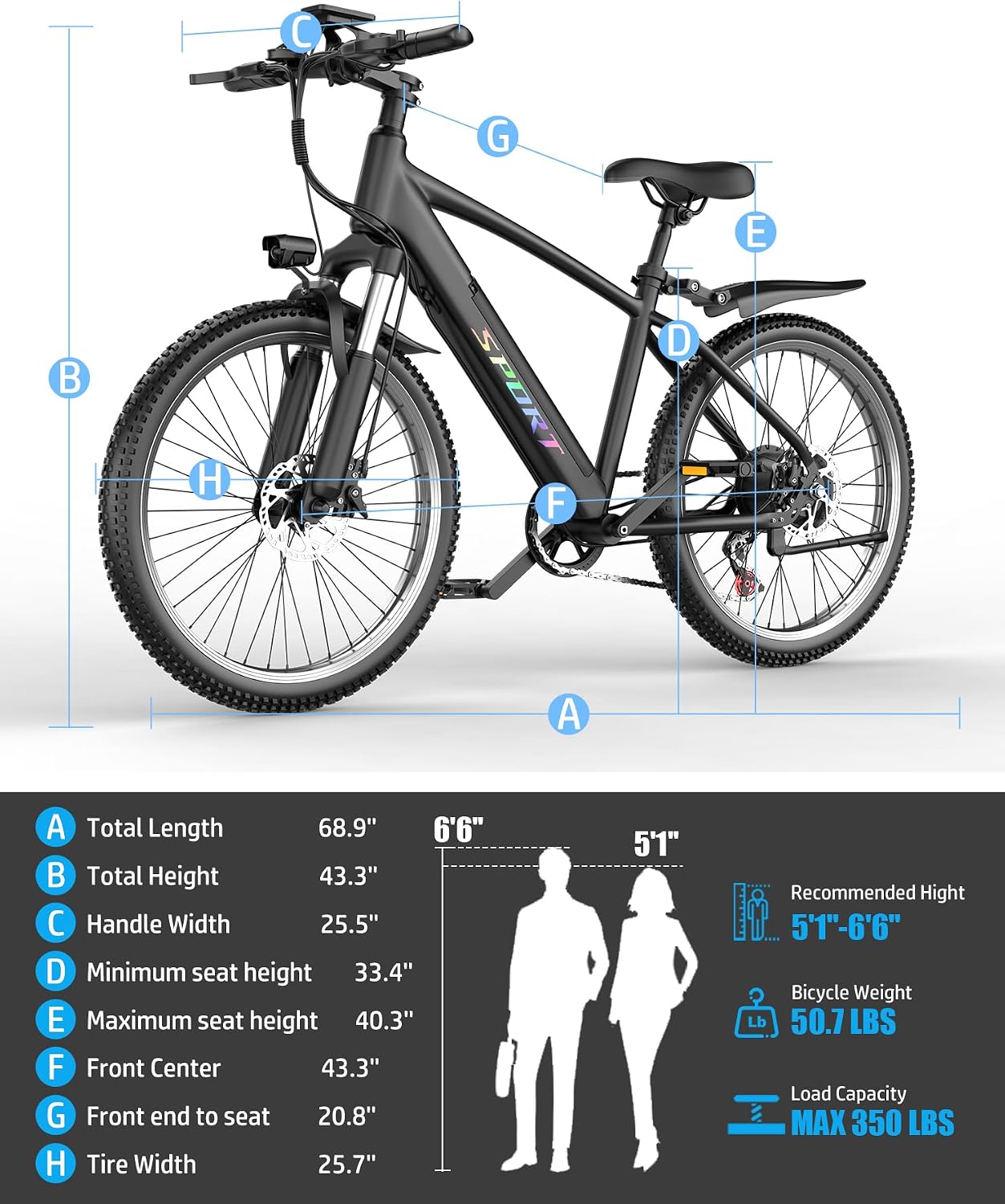 Electric Bike for Adults, 1500W Peak Mountain Ebike, Up to 25MPH, 65 Miles Long Range, 48V 12Ah Removable Battery, 26" Tire Electric Bicycle, 7-Speed E-bike for City Trail, 5 Modes, Front Suspension