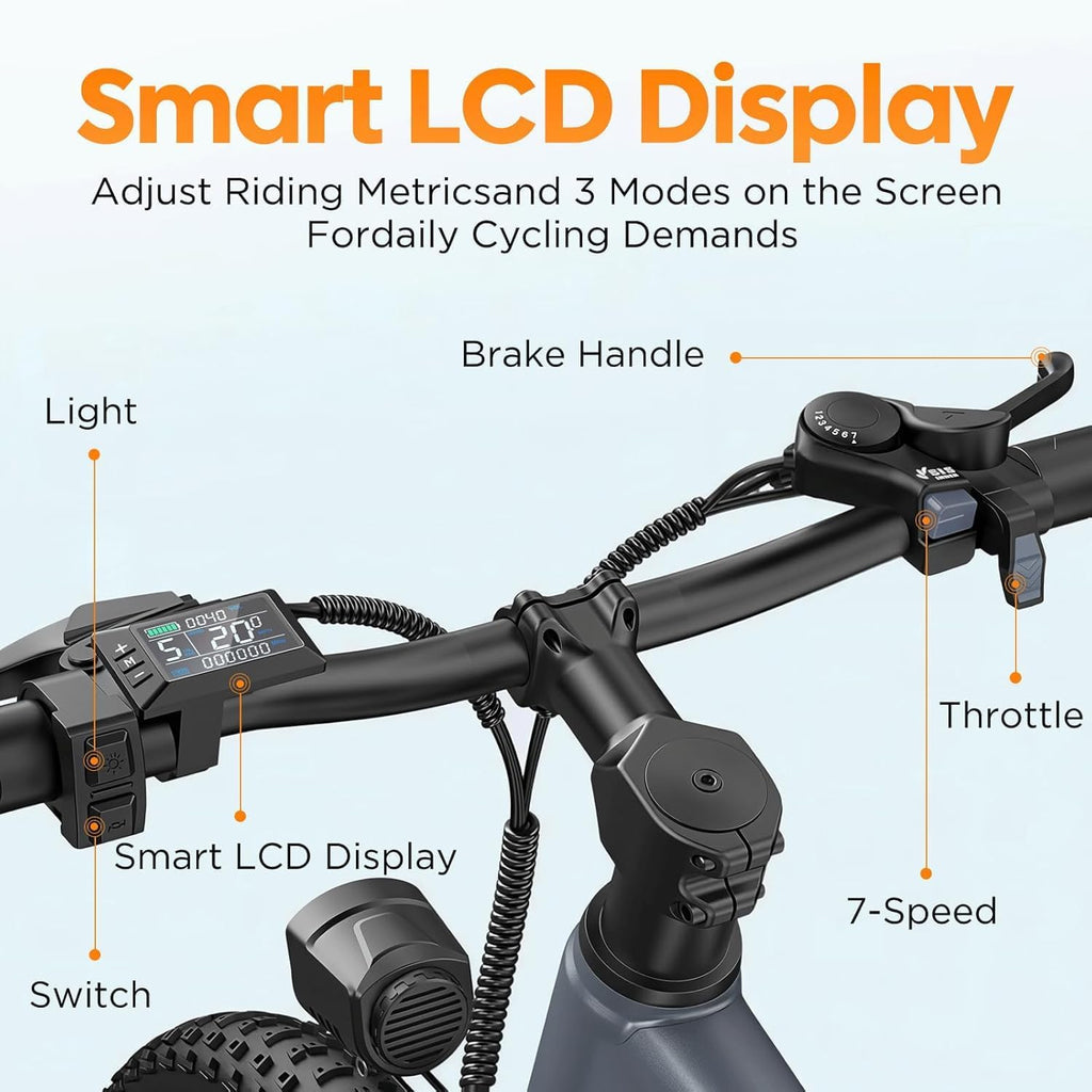 24" Electric Mountain Bike 1000W 504Wh Ebike | Ebikes for adults with 1000W peak motor, 48V battery up to 40miles, 7-speed, suspension fork, E-ABS brakes, easy assembly.