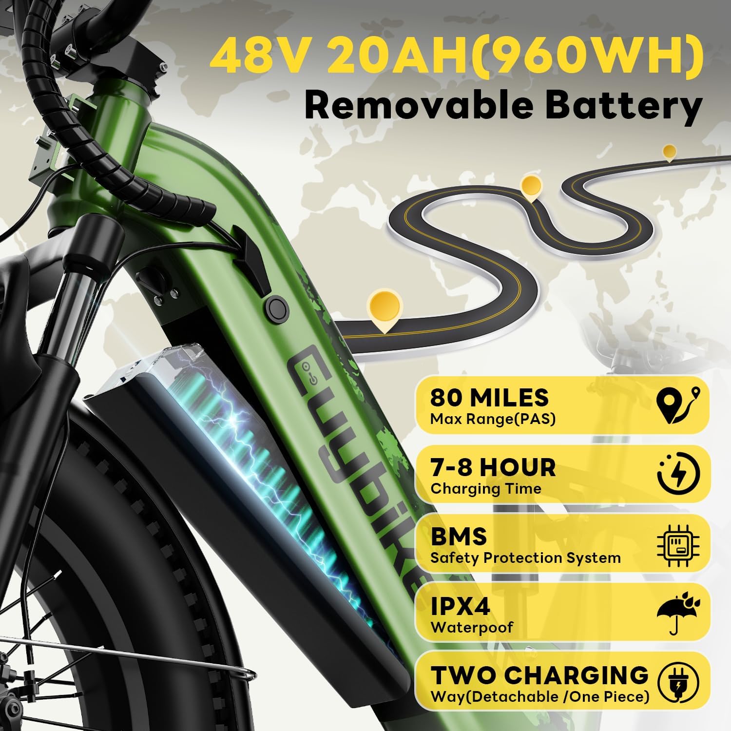 EUYBIKE Electric Bike for Adults 1400W Peak, 48V 20AH(960WH) Removable Battery, 20"x4" Fat Tire Full Suspension 80 Miles Range Step-Thru Hunting Ebike, 7-Speed Dual Brakes Electric Bicycle