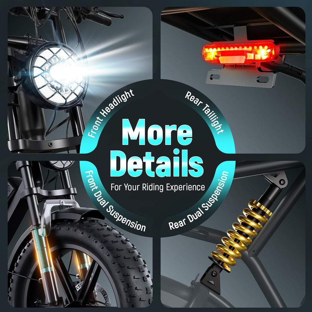 TST Electric Bike for Adults 1500W Peak 20" Fat Tire All-Terrain E-Bike 60 Miles Electric Dirt Bike - 48V 15 AH Battery Electric Bicycle