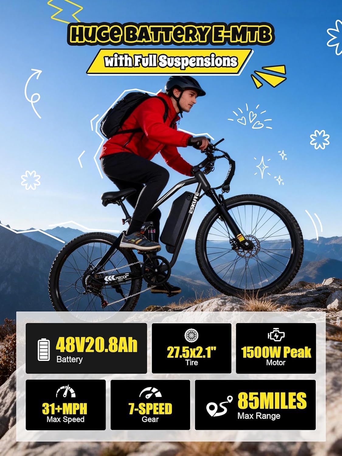 ESKUTE M200F Electric Bike for Adults – 27.5 inch Tire Mountain E-Bike, 1500W Peak Brushless Motor 31+MPH, 48V 20.8Ah Removable Battery, Up to 80 Miles, Step Over Commuter E-MTB, Full Suspensions