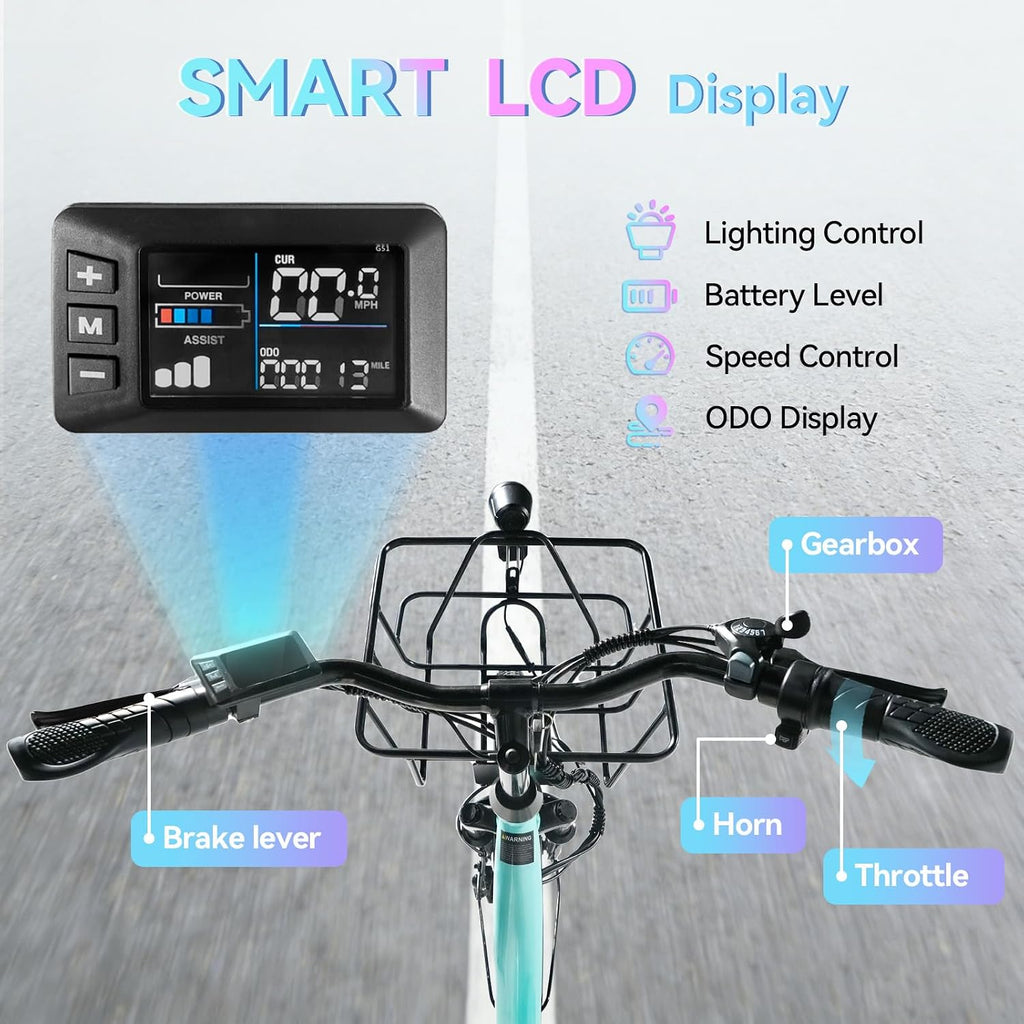 24'' Electric Bike for Adults, Peak 1000W Motor, 48V 13Ah Removable Battery 65Miles, Step Through City Cruiser Ebike, Commuter E-Bike with 7-Speed and Front Basket