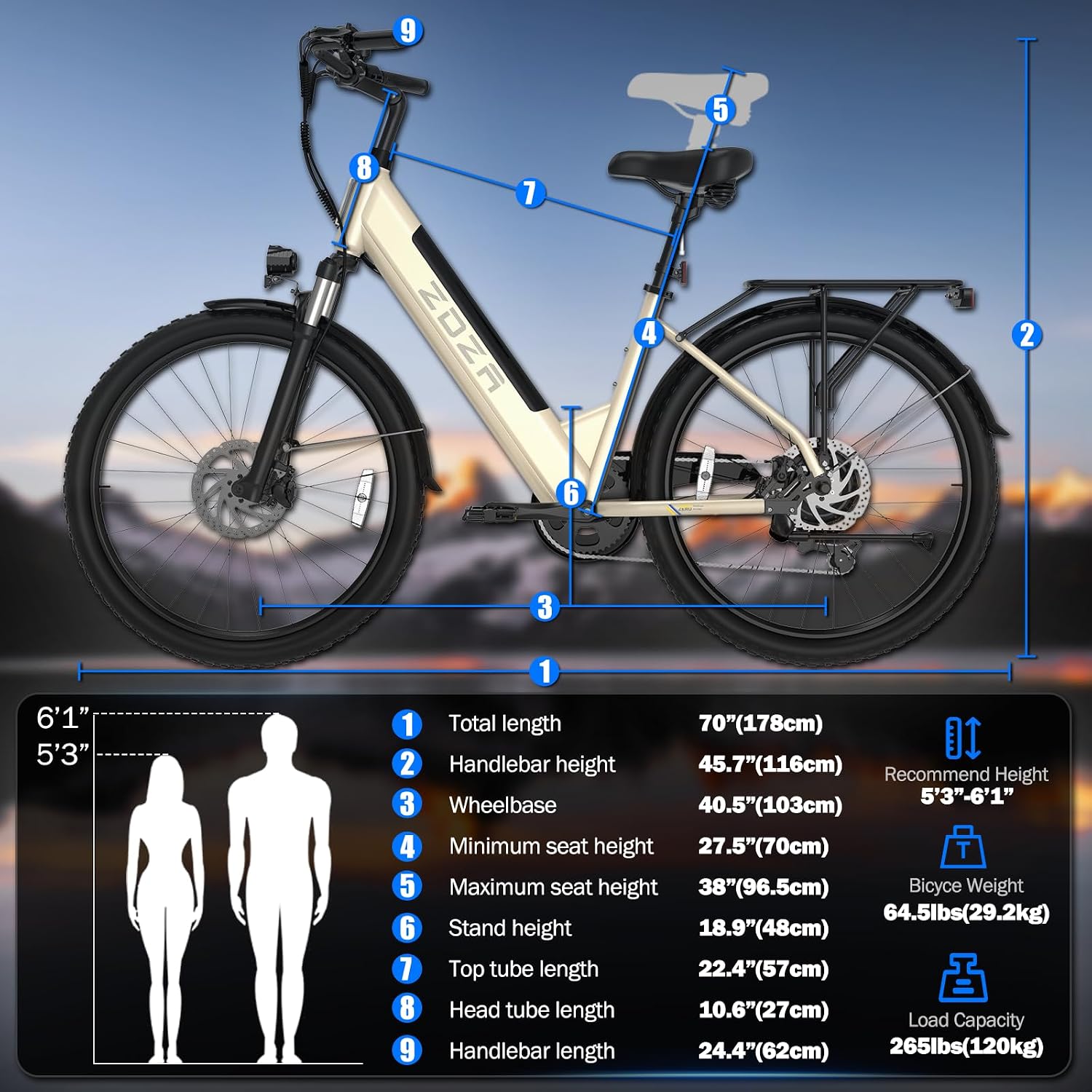 ZDZA Electric Bike for Adults, 1000W Peak Motor, 60 Miles 22Mph Electric Bike, 26" Commuter E Bikes with 48V 10.4Ah Removable Battery, Step-Thru Ebike, Adjustable Stem, 7-Speed & Front Suspension