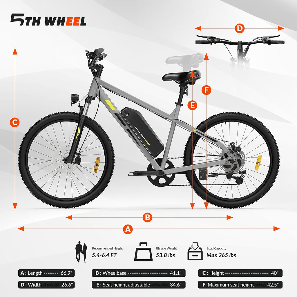 5TH WHEEL Electric Bike for Adults with 750W Peak Motor, 20MPH Speed & 55 Miles Range, Mountain E-Bike with Lockable Suspension Fork, LCD Display, 26" Commuting E Bike with Removable Battery&7 Gears ﻿