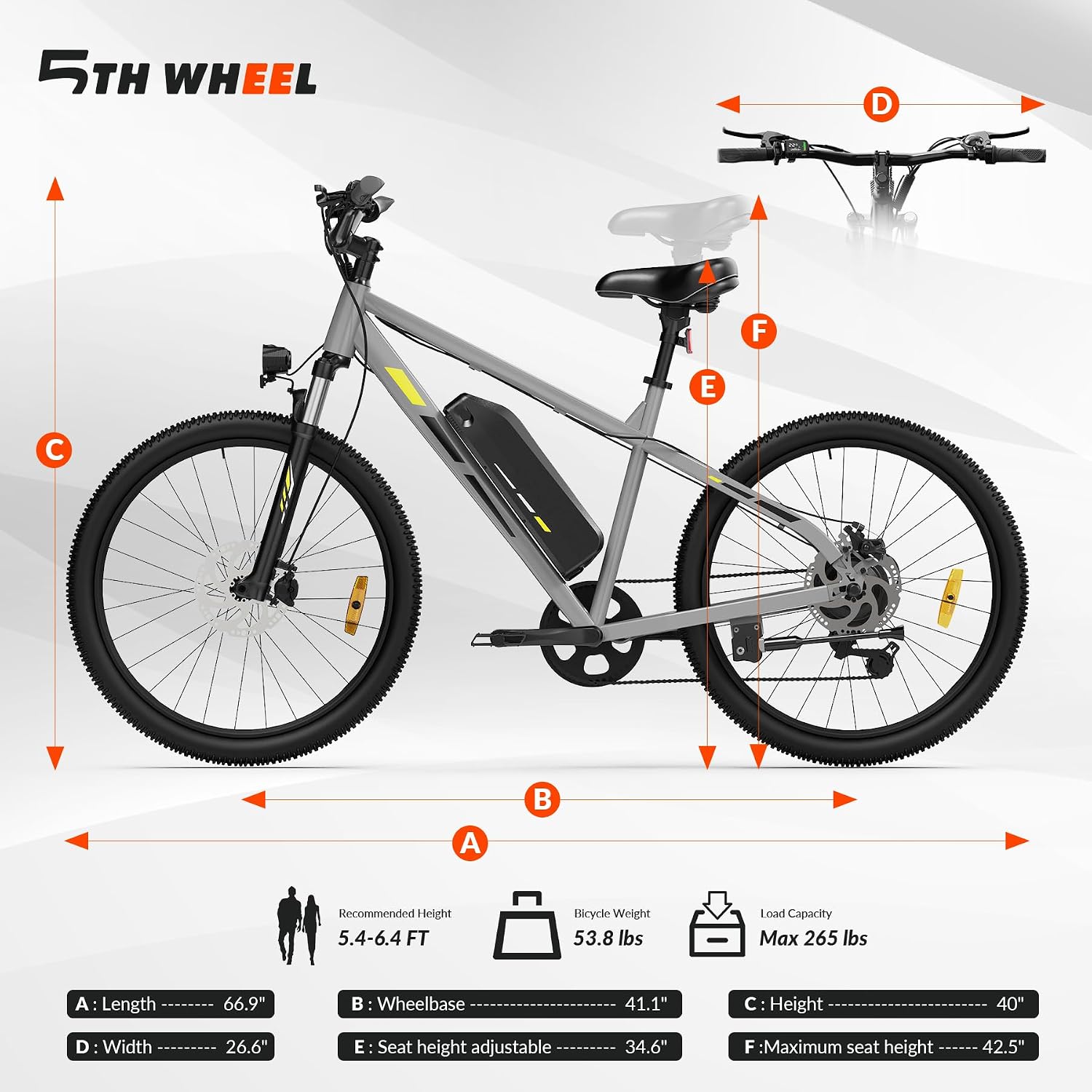 5TH WHEEL Electric Bike for Adults with 750W Peak Motor, 20MPH Speed & 55 Miles Range, Mountain E-Bike with Lockable Suspension Fork, LCD Display, 26" Commuting E Bike with Removable Battery&7 Gears ﻿