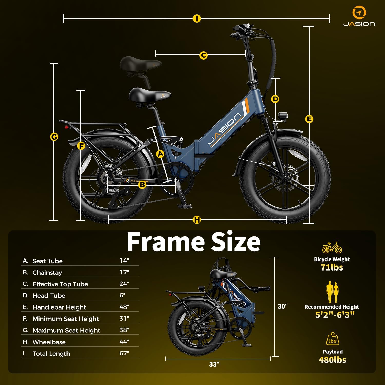 Jasion X Hunter PRO/ST Electric Bike for Adults,1800/1400W Peak 20''Fat Tire Foldable E Bikes,Folding Ebike Up to 80/70 Miles Range 30 MPH,720/624WH Removable Battery,Certified by UL2849