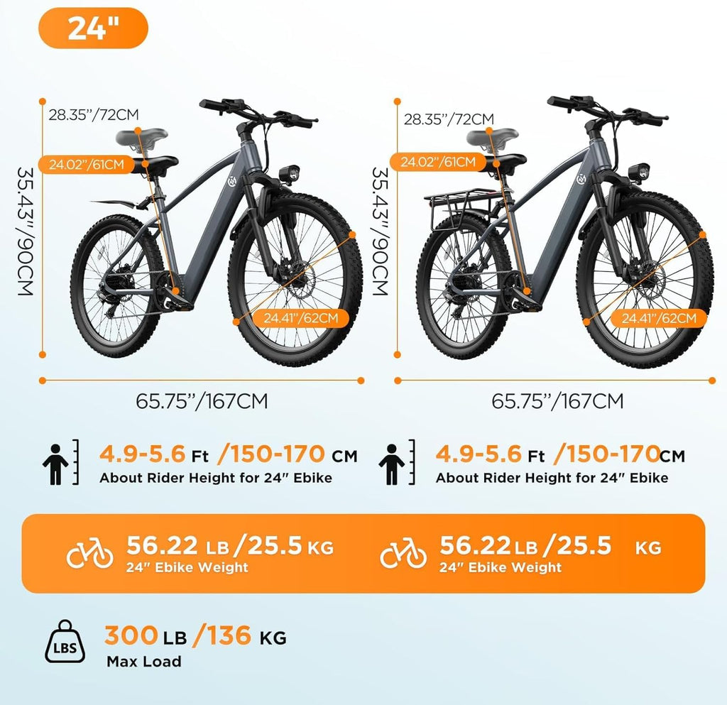 24" Electric Mountain Bike 1000W 504Wh Ebike | Ebikes for adults with 1000W peak motor, 48V battery up to 40miles, 7-speed, suspension fork, E-ABS brakes, easy assembly.