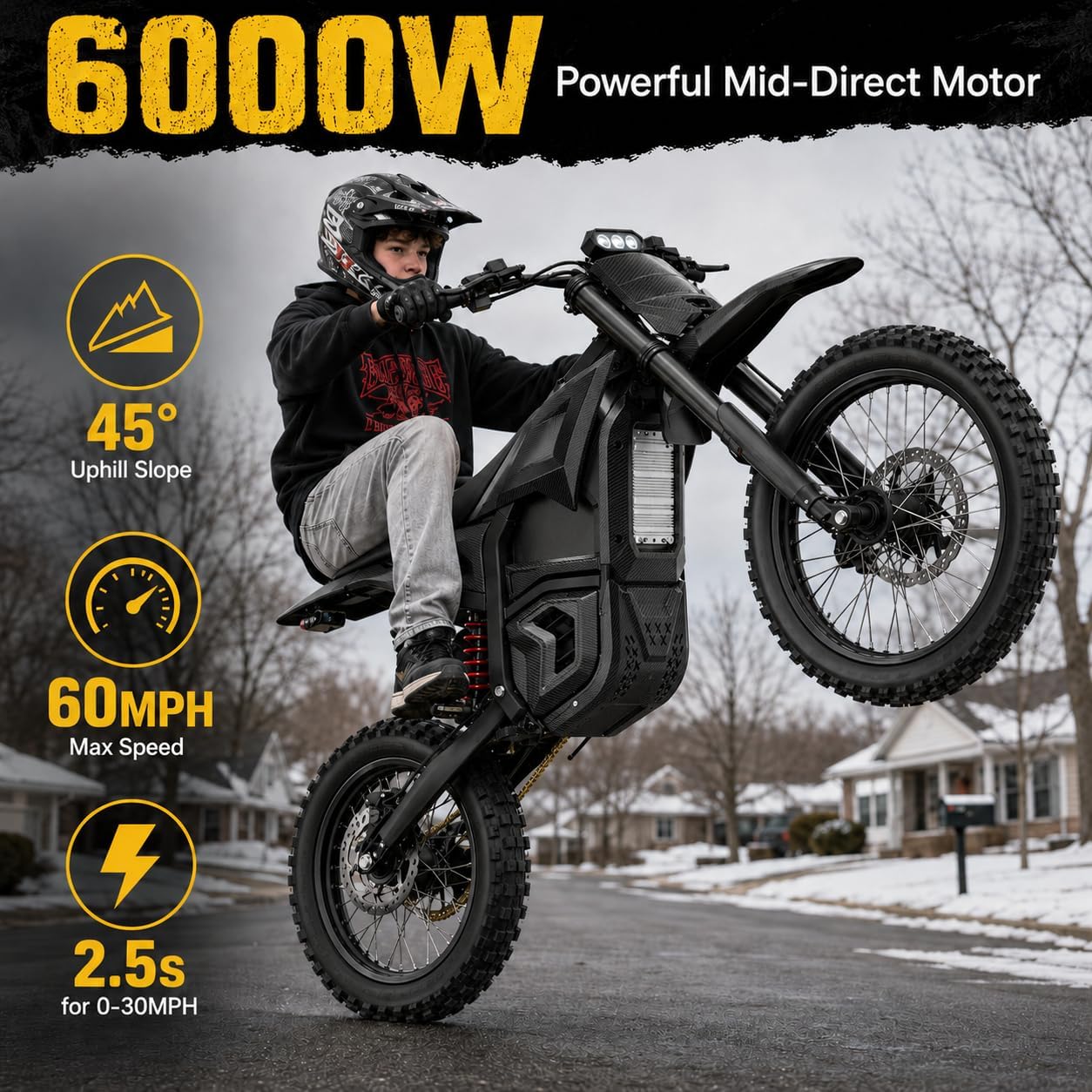 Q1 Electric Dirt Bike for Adults & Teens, 6000W Peak Mid-Drive Motor, 60 MPH Electric Motorcycle, 60V 30Ah Removable Battery, 60-Mile Range, Hydraulic Brakes & Full Suspension