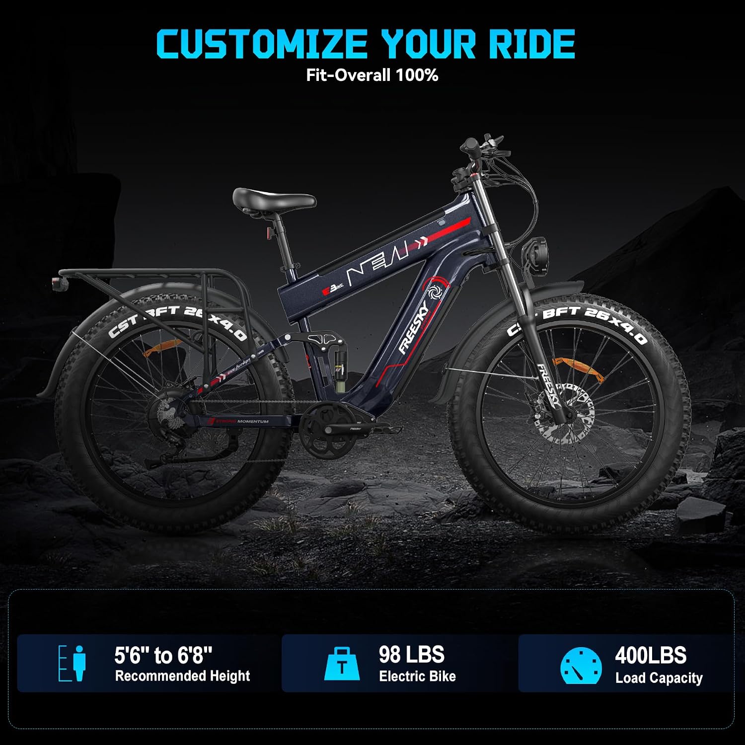 FREESKY Dual Battery Electric Bike for Adults, 48V 45AH 200 Miles Long Range E Bike, 4000W Motor 40MPH+, 26" Fat Tire Fast Mountain EBike, Full Suspension & Hydraulic Brakes, UL 2849 Certified by TÜV