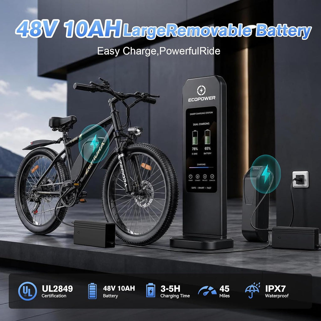 Electric Bike for Adults, Commuter & Off-Road Mountain Ebike | Commuter Ebike with Phone Holder & Lock,7-Speed 26" Tire 1500W Peak Motor 20MPH Up to 45-Mile Range, 480Wh Removable Battery