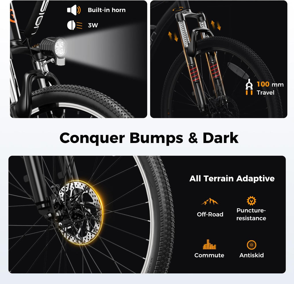 Jasion EB5 Electric Bike for Adults 26" tire with 1000W Peak Motor,Removable Battery Commuting Electric Mountain Bike,Up to 40Miles,7-Speed and Front Fork Suspension Ebike