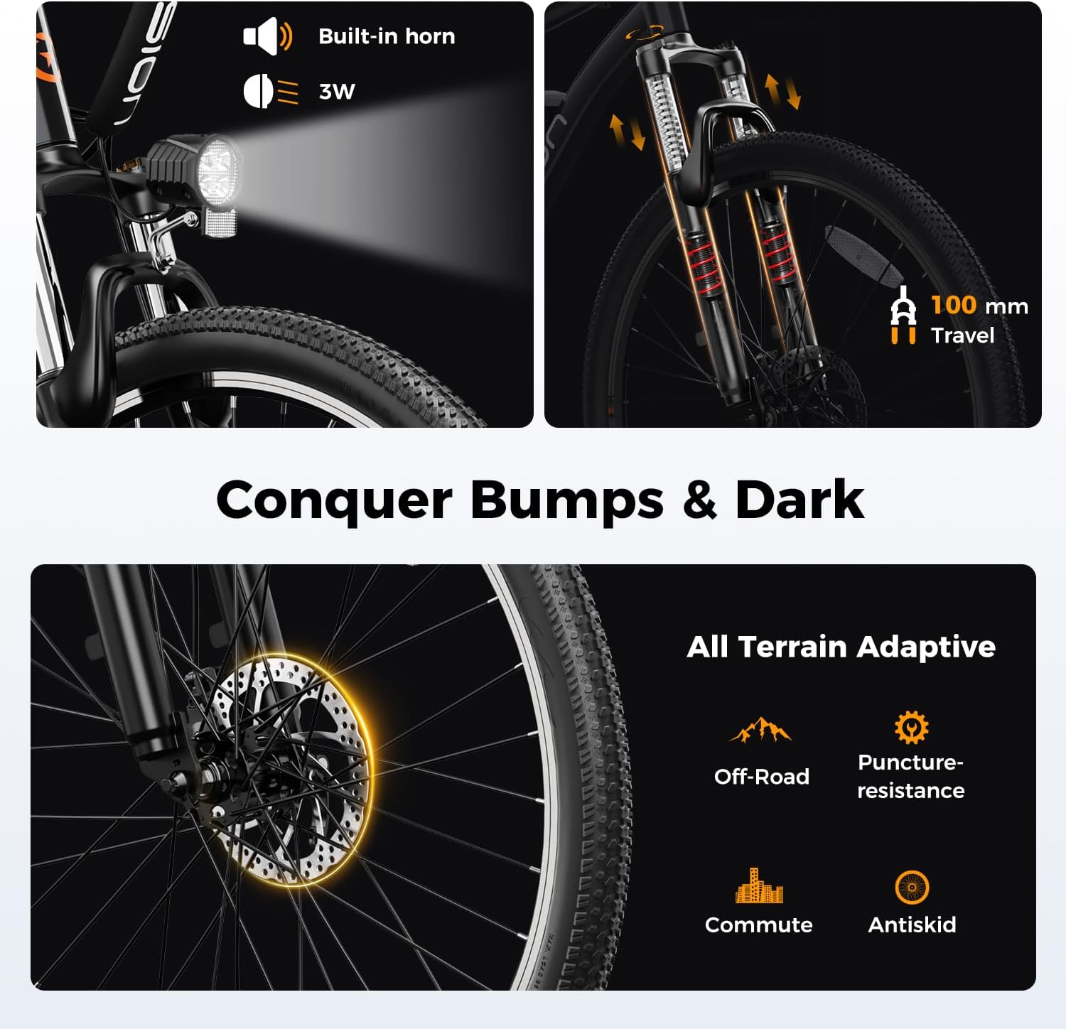 Jasion EB5 Electric Bike for Adults 26" tire with 1000W Peak Motor,Removable Battery Commuting Electric Mountain Bike,Up to 40Miles,7-Speed and Front Fork Suspension Ebike