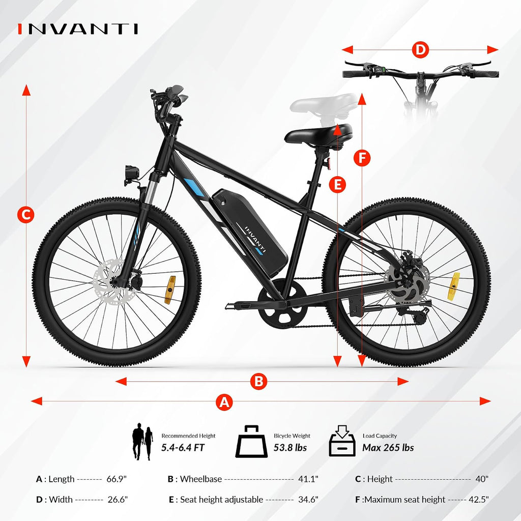 INVANTI Electric Bike for Adults, Peak 750W Motor & 10.4Ah Removable Battery, 20 MPH Commuting Electric Mountain Bike with 26" Tires, Front Fork Suspension, 7-Speed Gears and LCD Display