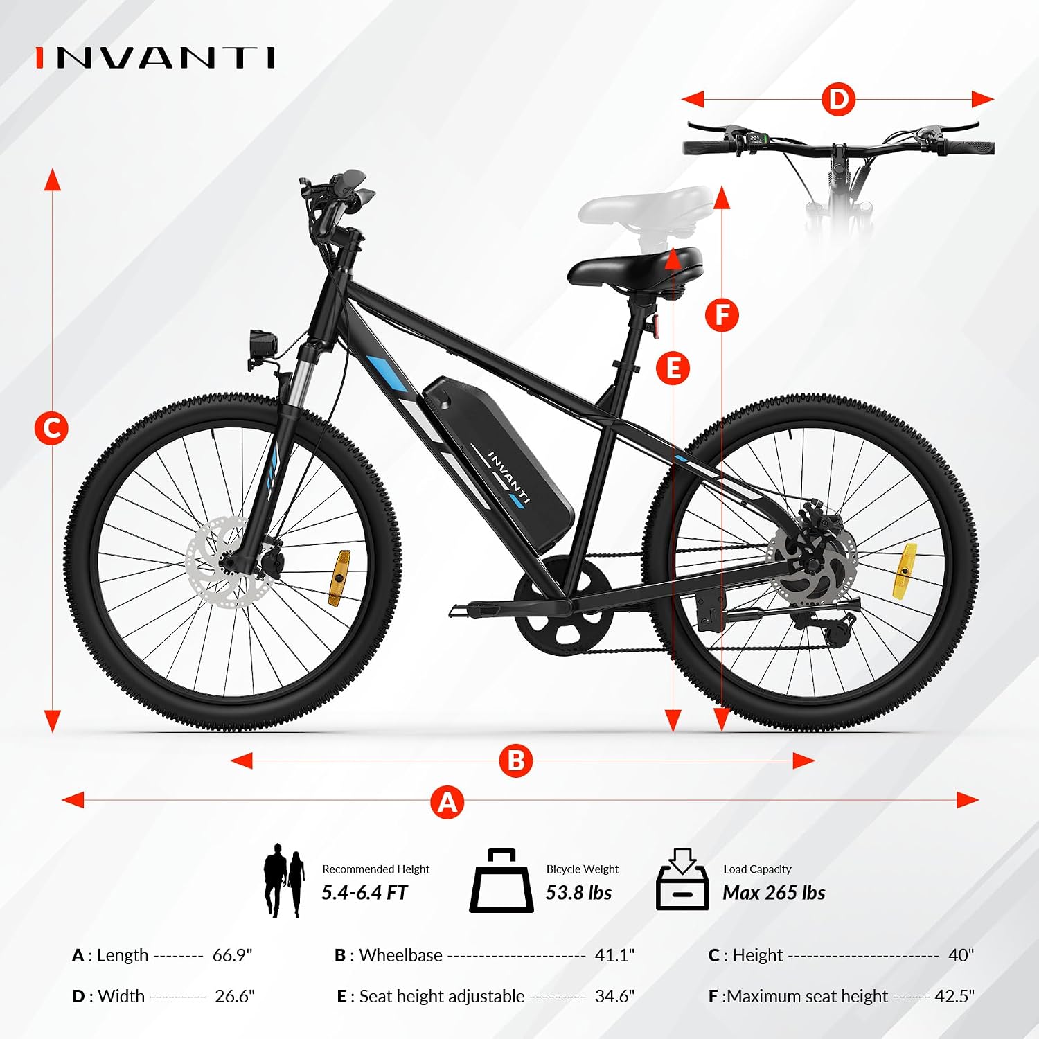 INVANTI Electric Bike for Adults, Peak 750W Motor & 10.4Ah Removable Battery, 20 MPH Commuting Electric Mountain Bike with 26" Tires, Front Fork Suspension, 7-Speed Gears and LCD Display