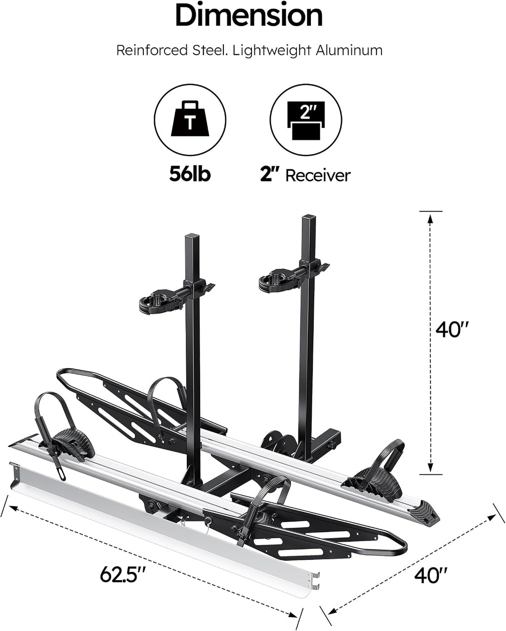 Young Hitch Mount Bike Rack with Ramp, 200 lbs. Capacity for 2 E-Bikes, Fat Tire and Standard, fits Cars, SUVs, RVs, Trailers with 2 Inch Receiver