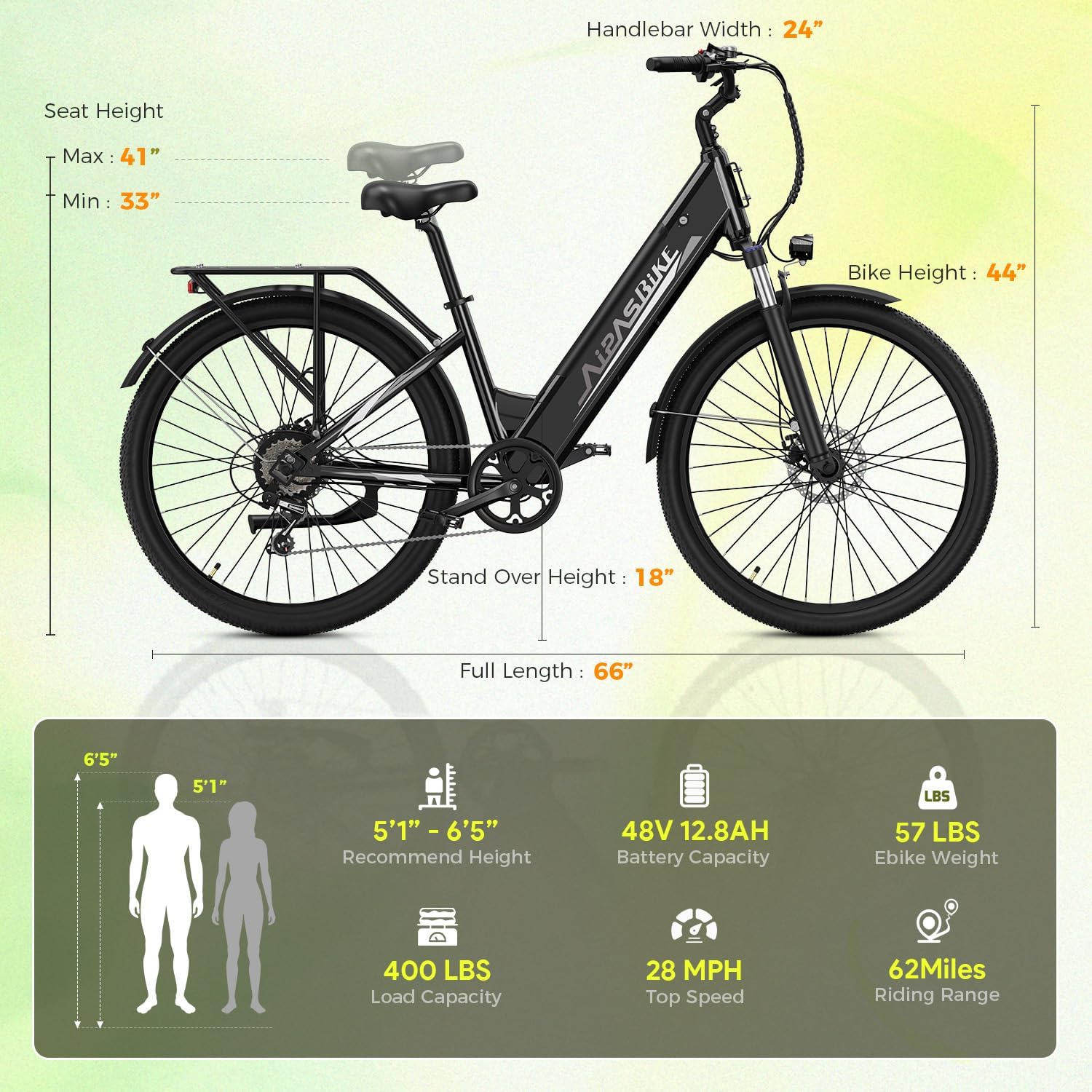 Aipas C1 Electric Bike with 1100W Peak Motor, 62 Miles Long Range Commuter Ebike for Adults, 26" All Terrain Electric Bicycle with 48V 12.8Ah Removable Battery, 7-Speed, Adjustable Suspension