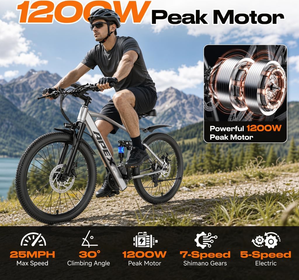 26" Electric Bike for Adults, 1500W Peak Motor,28MPH 65 Miles Commuter E-Bike, UL 2849 Certified,7-Speed Electric Mountain Bike for City, Park and Riding