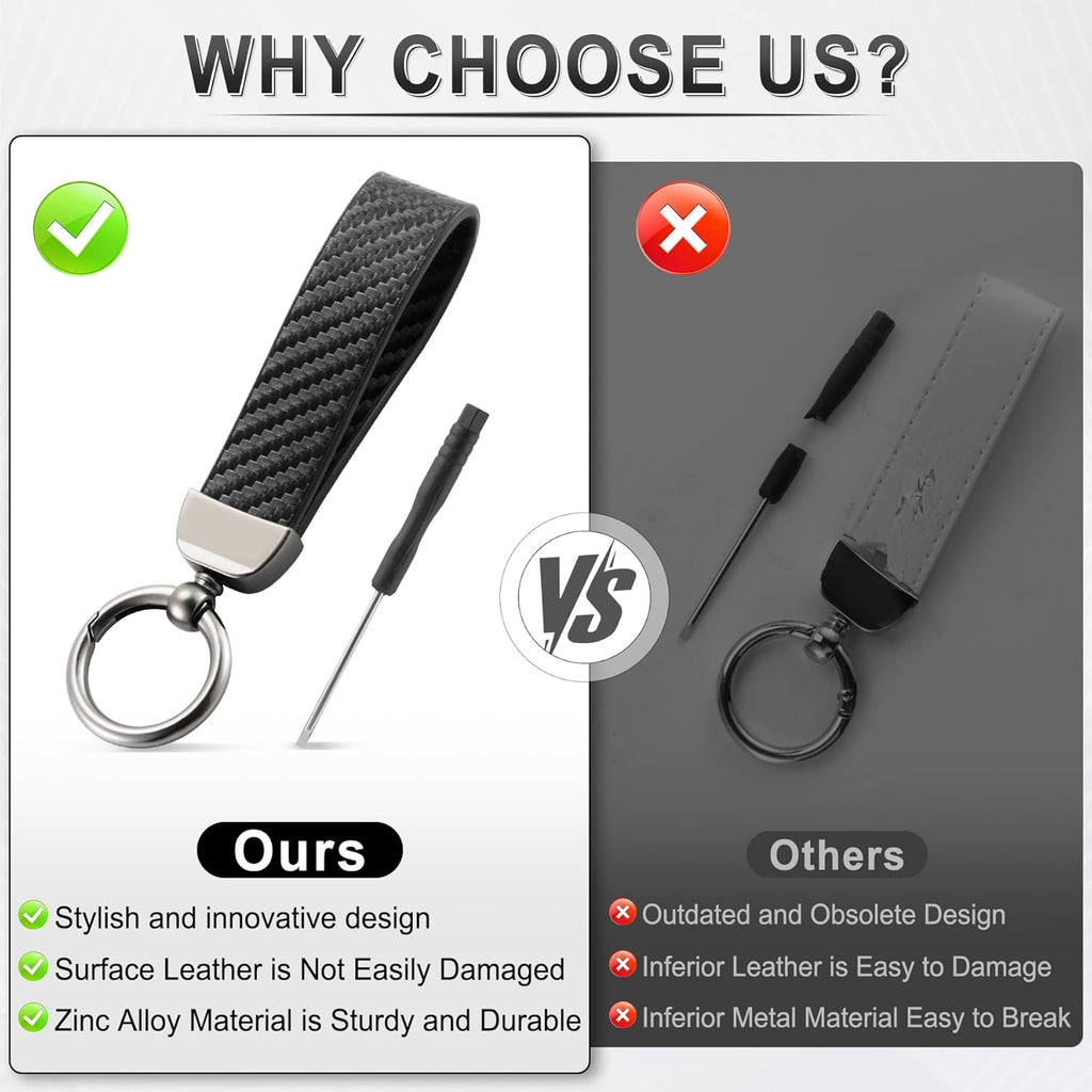 Leather Keychain, Carbon Fiber Car & Bike Key Chain with Anti-Lost D-Ring and 2 Key Ring