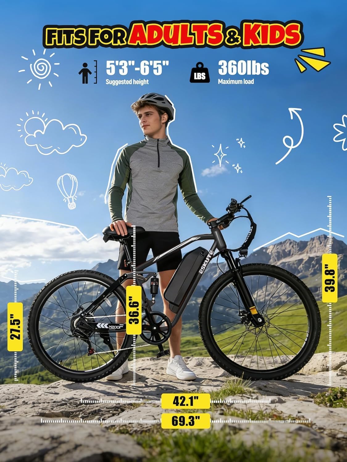 ESKUTE M200F Electric Bike for Adults – 27.5 inch Tire Mountain E-Bike, 1500W Peak Brushless Motor 31+MPH, 48V 20.8Ah Removable Battery, Up to 80 Miles, Step Over Commuter E-MTB, Full Suspensions