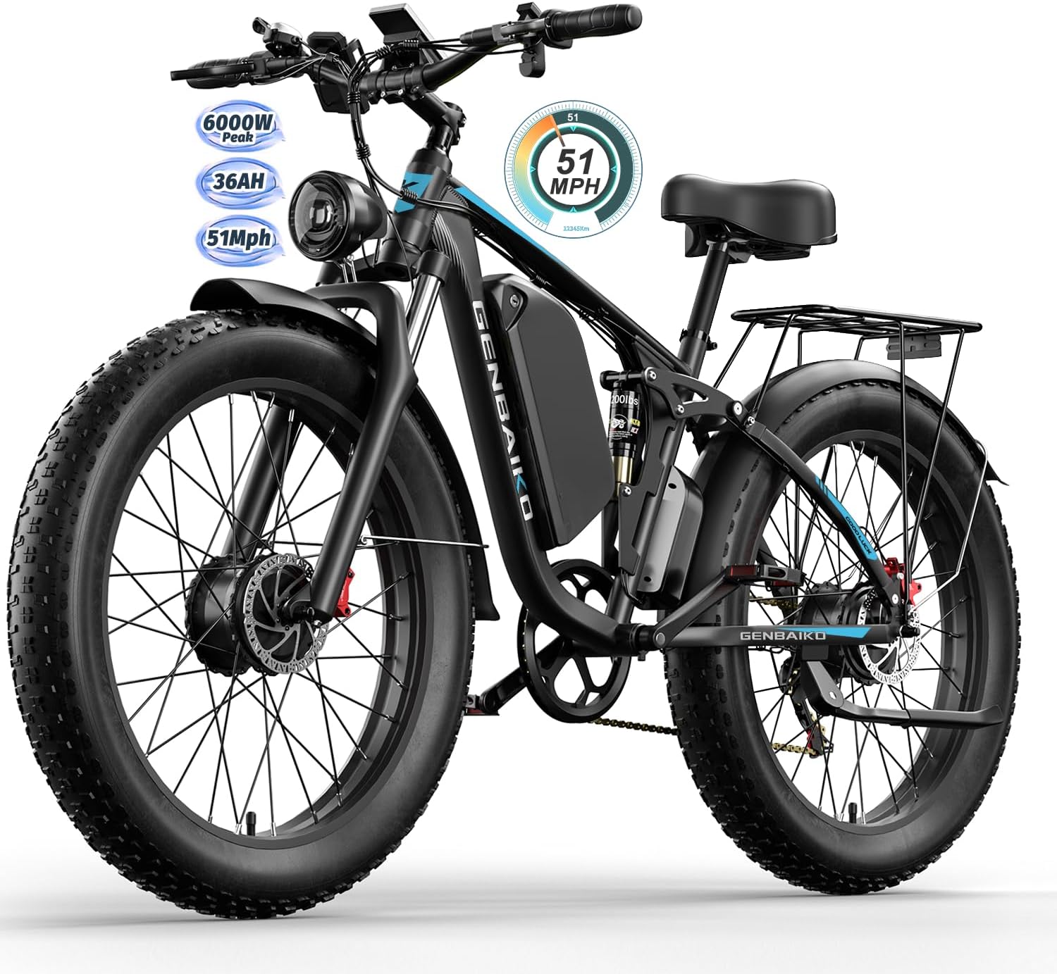 Electric Bike for Adults 51MPH 6000W Peak Dual Motor Fast Ebike 36Ah 52V Full Suspension 26" Fat Tire E Bikes for Men with Hydraulic Brake 130 Miles Electric Bicycle