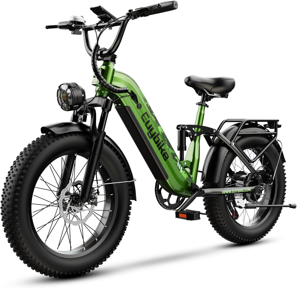 EUYBIKE Electric Bike for Adults 1400W Peak, 48V 20AH(960WH) Removable Battery, 20"x4" Fat Tire Full Suspension 80 Miles Range Step-Thru Hunting Ebike, 7-Speed Dual Brakes Electric Bicycle