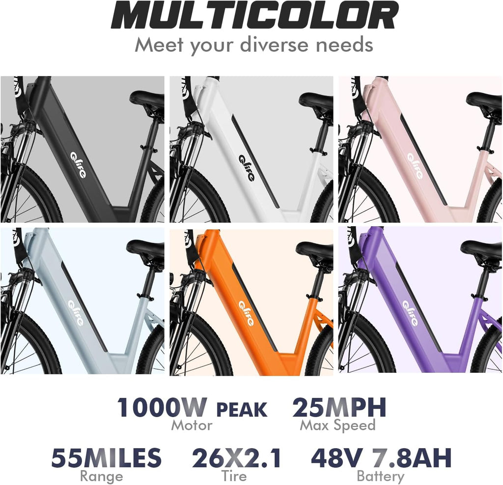 Qlife Cityone Electric Bike for Adults & Teens, Step-Through Commuter Ebike, 1000W Peak Motor, 55-Mile Range, 48V Removable Battery, 26-Inch City Tires, 7-Speed, Up to 20+ MPH
