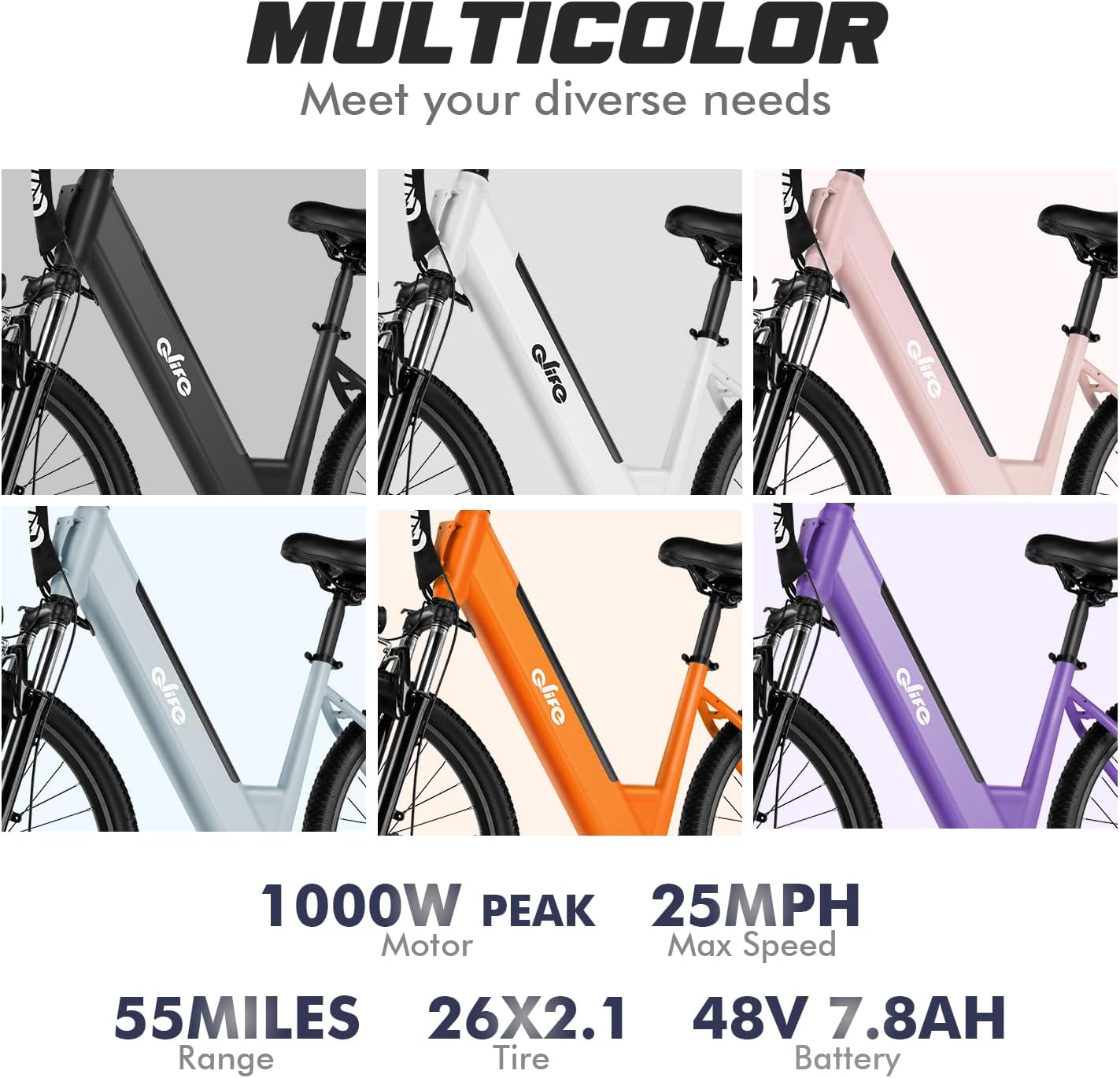 Qlife Cityone Electric Bike for Adults & Teens, Step-Through Commuter Ebike, 1000W Peak Motor, 55-Mile Range, 48V Removable Battery, 26-Inch City Tires, 7-Speed, Up to 20+ MPH