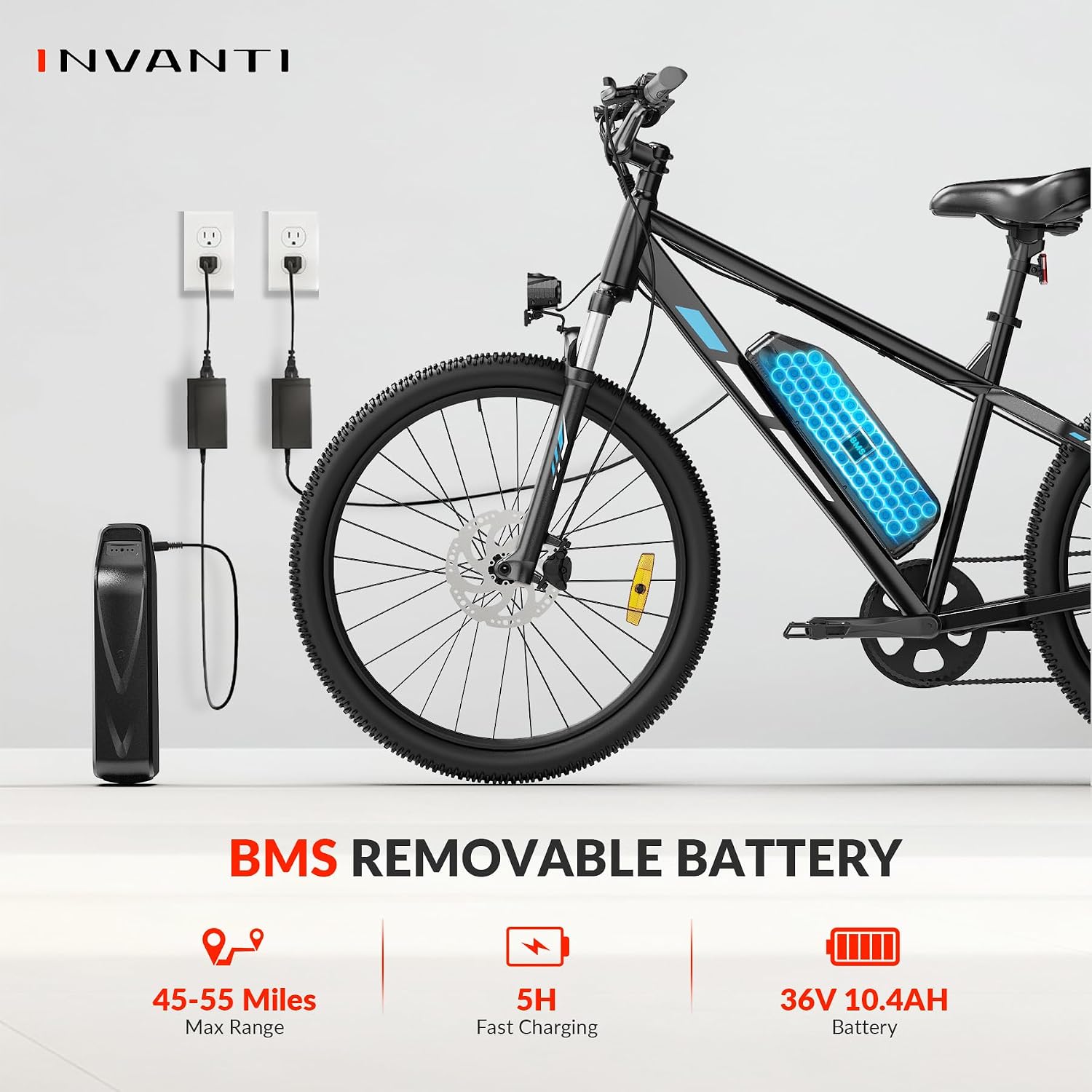 INVANTI Electric Bike for Adults, Peak 750W Motor & 10.4Ah Removable Battery, 20 MPH Commuting Electric Mountain Bike with 26" Tires, Front Fork Suspension, 7-Speed Gears and LCD Display