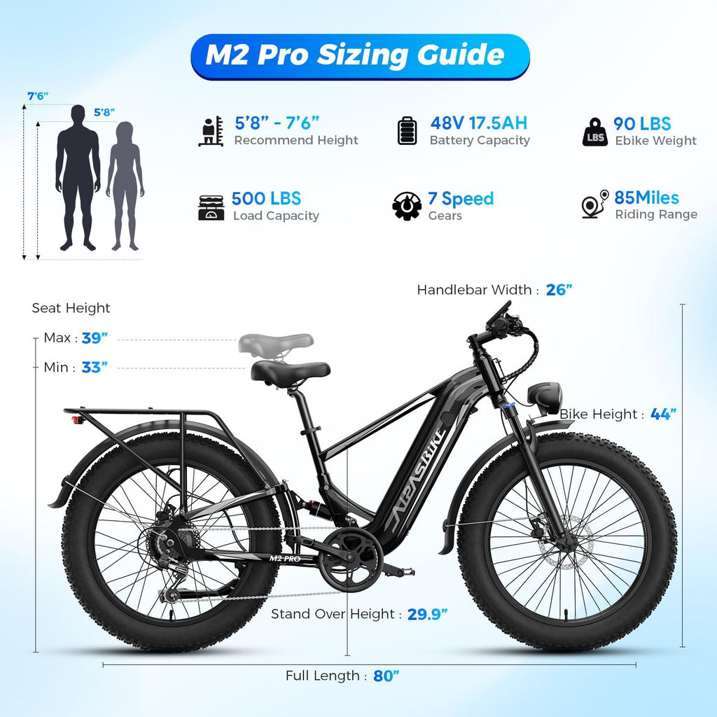 M2 Pro Electric Bike for Adults, 1800W Peak Motor Ebikes, 48V 17.5Ah Removable Battery, 26" x 4" Fat Tire Electric Bicycle, Electric Mountain Bike Up to 85 Miles Range, Dual Suspension, 7 Speed