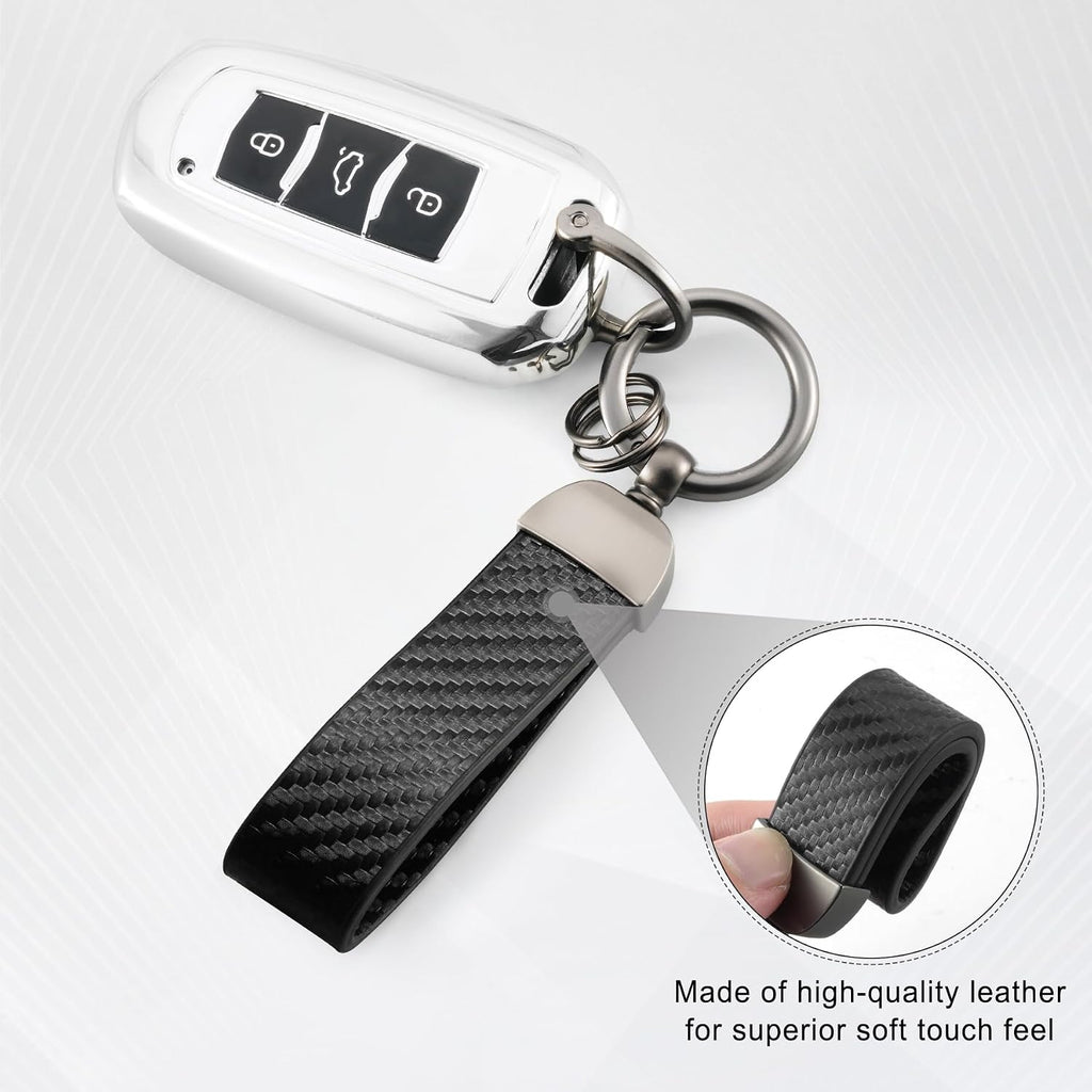 Leather Keychain, Carbon Fiber Car & Bike Key Chain with Anti-Lost D-Ring and 2 Key Ring